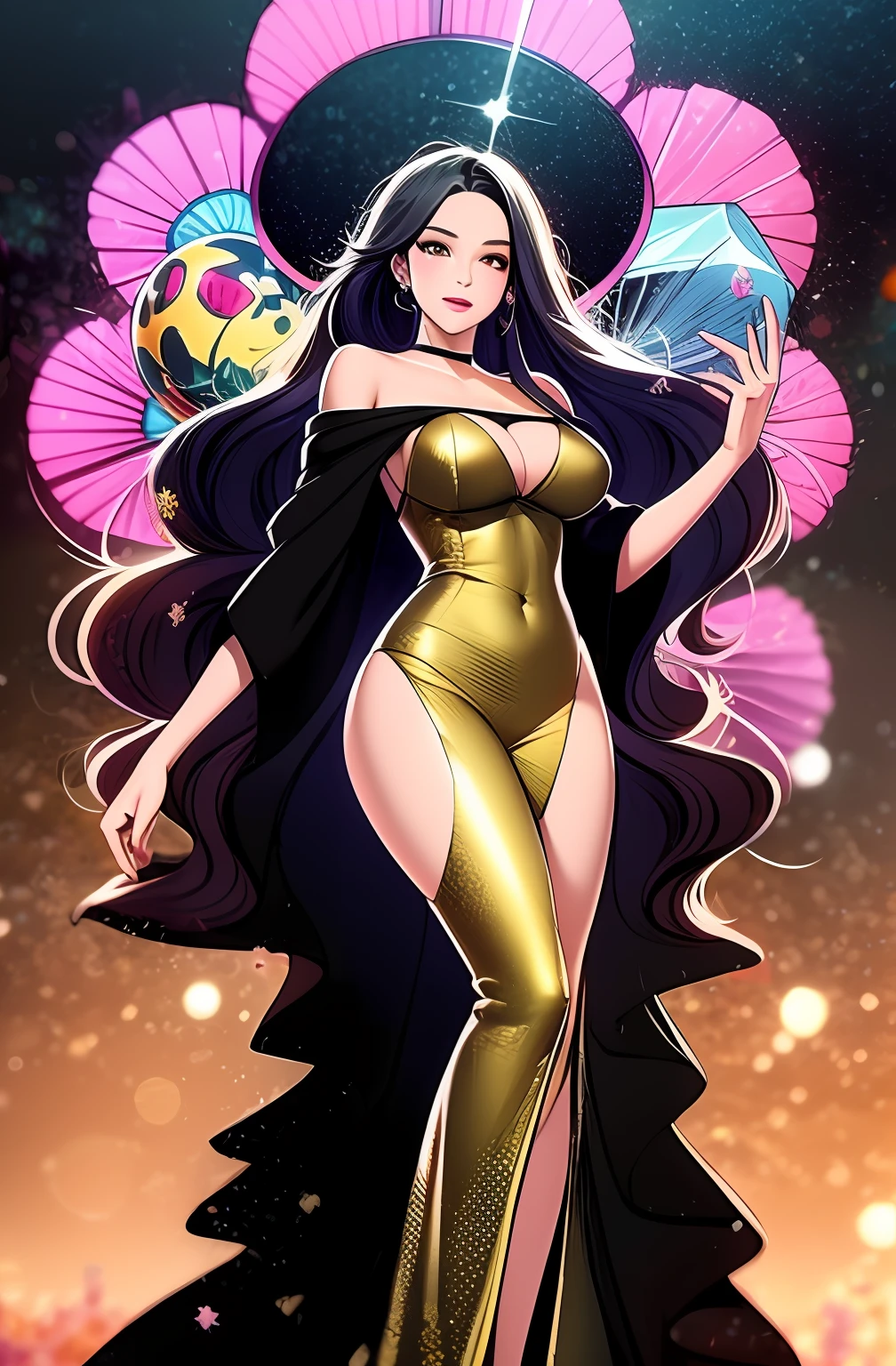 art deco frame,black gold white color scheme,white dominate,star,cosmos,fullbody of lisa blackpink pink color hair ,long hair,parted hair,long length hair, curly hair,thick front bang,big goldfish made with gold floating around with smoke in graphic style behind is ice castle made of iceberg and gold aurora,black modern haute couture dress and suit,Anime style,digital painting, i can't believe how beautiful this is, history painting, digital art techniques, gongbi , finely detailed features, intricate brush strokes, beautiful lighting, Cinematic, Color Grading, Depth of Field, intricate details, Unreal Engine, Character Concept Art, creative, expressive, stylized anatomy, digital art, 3D rendering, unique, award-winning, Adobe Photoshop, 3D Studio Max, well-developed concept, distinct personality, consistent style