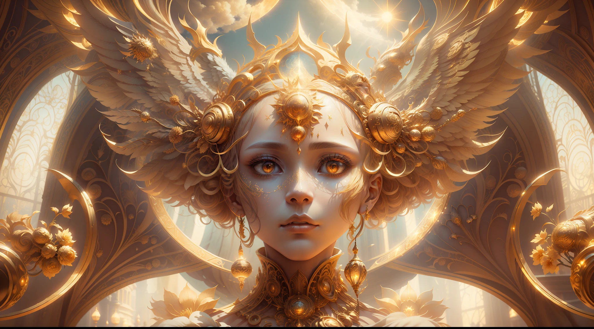 surrealism, conceptual art, classicism, back lit lighting, full bloom, Optical illusion, Wide-angle, Eye level shots, projected inset, hyper HD, Masterpiece, Textured skin, Super detail, High quality, Award-Awarded,It has a large golden flower on it, enlightening. Intricate, as the goddess of the sun, extremely detailed goddess shot, the solarpunk phoenix, Symmetrical epic fantasy art, unreal engine rendered, Goddess of Light, gold ethereal light, ethereal angelic being of light, art nouveau octane render, intricate ornate anime cgi style