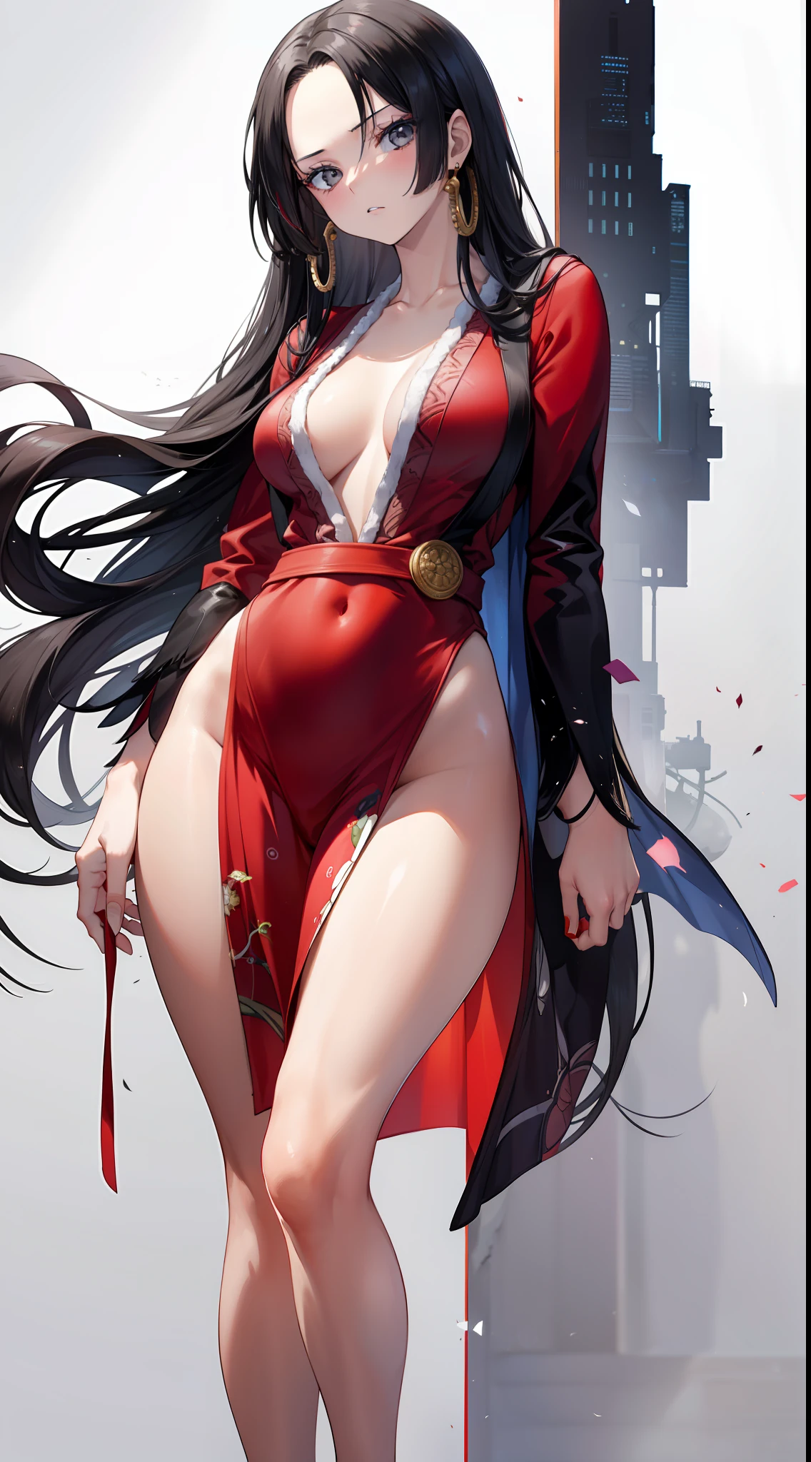 top-quality,masterpiece,Masterpiece,8k,1人の女性,1girl,独奏,((without background,Pure white background)),Boa Hancock,Black hair,Long,straight haired,(Red clothes),Black eyes,Straight face,Looking from above,(Red clothes),Tall,is standing,facing front,Walking posture,(full bodyesbian),Depiction from head to knee,