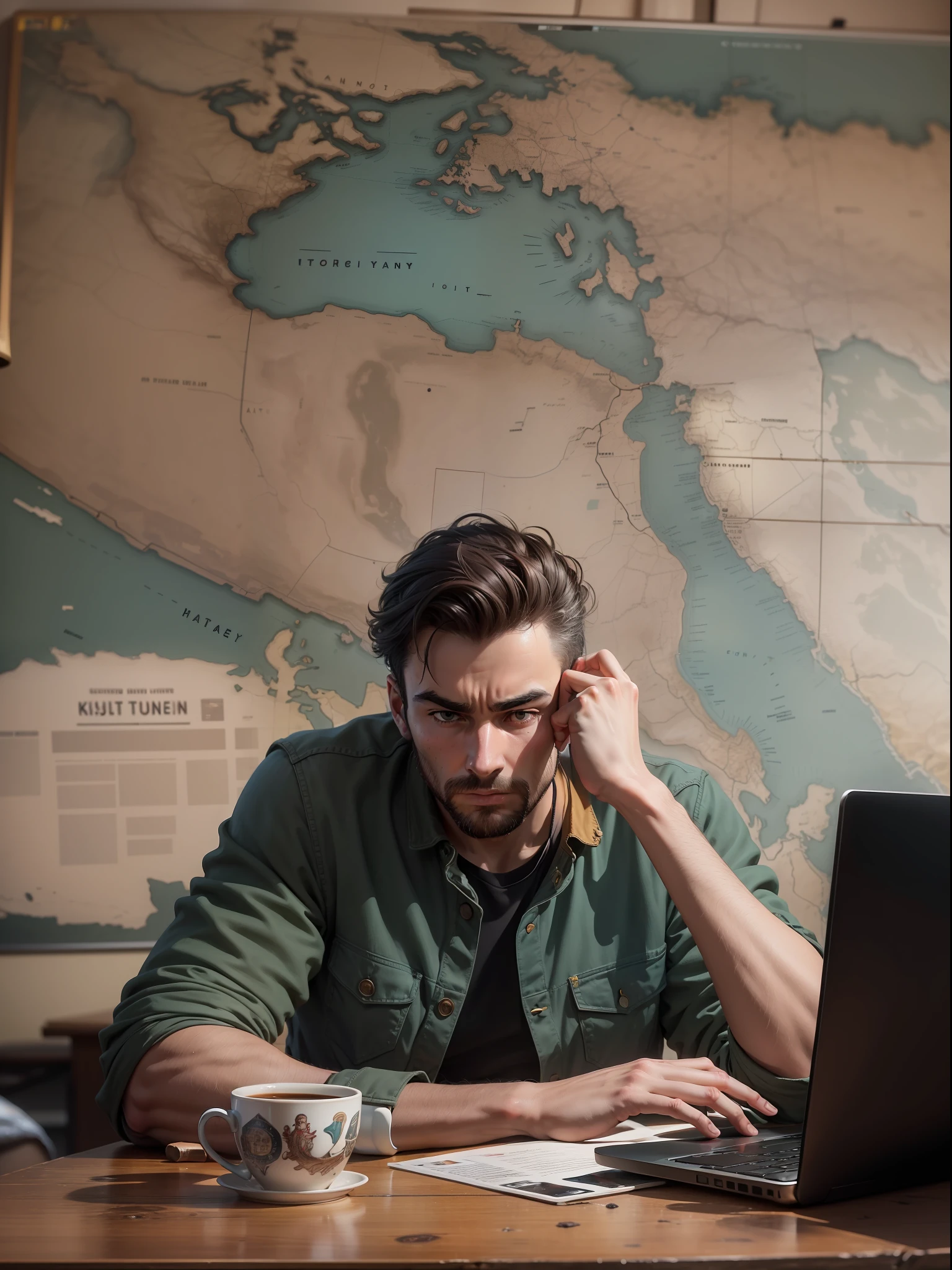A 30 years old man sits at a wooden table, his brows furrowed with a mix of determination and longing. In front of him, an open laptop displays images of iconic American landmarks – the Statue of Liberty, the Grand Canyon, Times Square. A world map hangs on the wall behind him, marked with a route from his hometown to various cities in the United States. On the table, a cup of coffee has turned cold, a testament to his absorbed contemplation. His gaze is fixed on the laptop screen, his mind seemingly a thousand miles away, lost in dreams of a new life in America.detail sharpness.uhd.