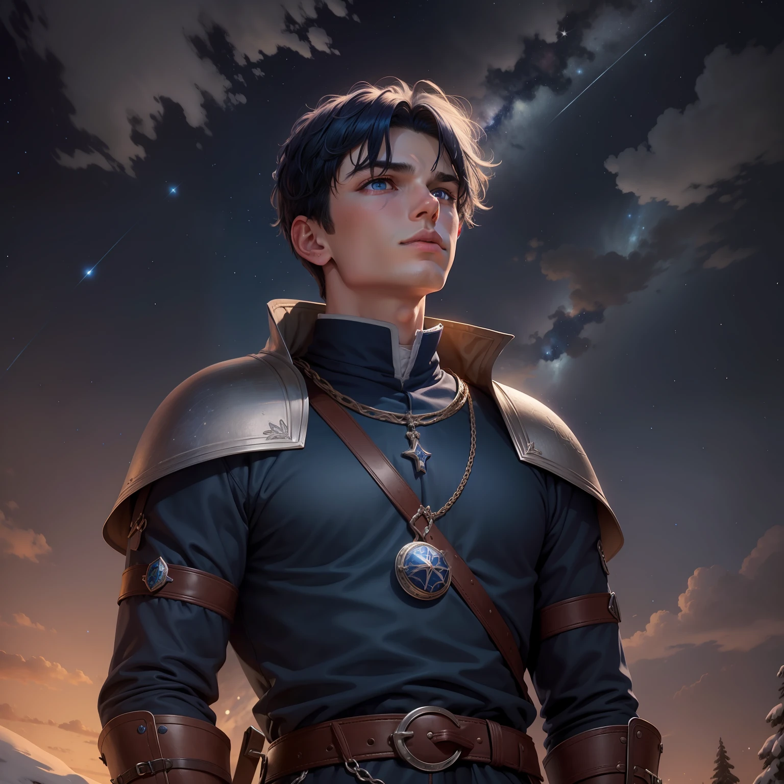 Man with 16 years old, dark blue hair and blue eyes. He is in medieval clothes and looking up at the starry sky. It's winter