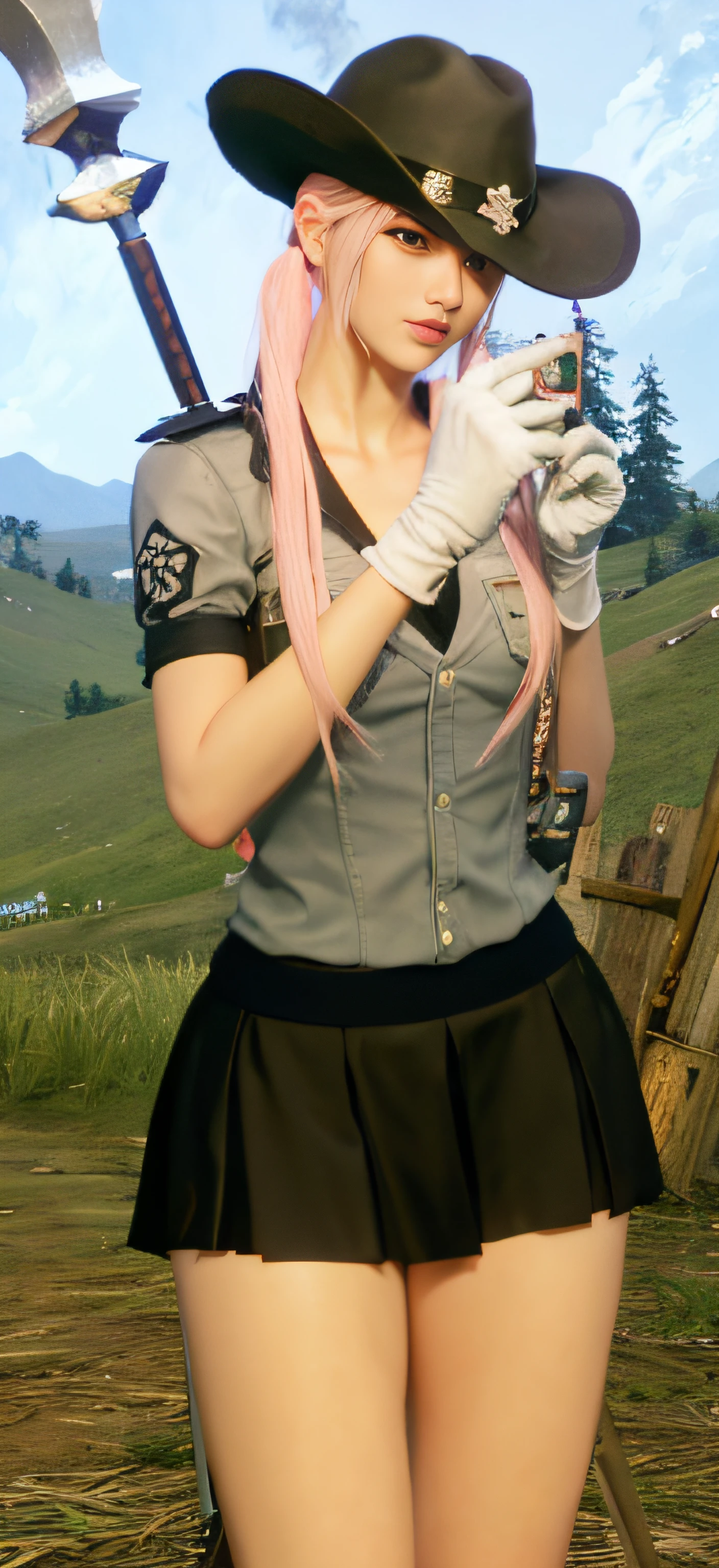 There is a woman in a short skirt and hat holding a sword, twintails branco_Luvas, Tifa Lockhart com cabelos brancos, haruno sakura, roupa de empregada, <Cena MMORPGS, estilo final fantasy 14, pale pink grass, Dicas de Yayoi Kasuma, fechar detalhes, Detalhe extra Mais detalhes, bela captura de tela, Desde NCSOFT