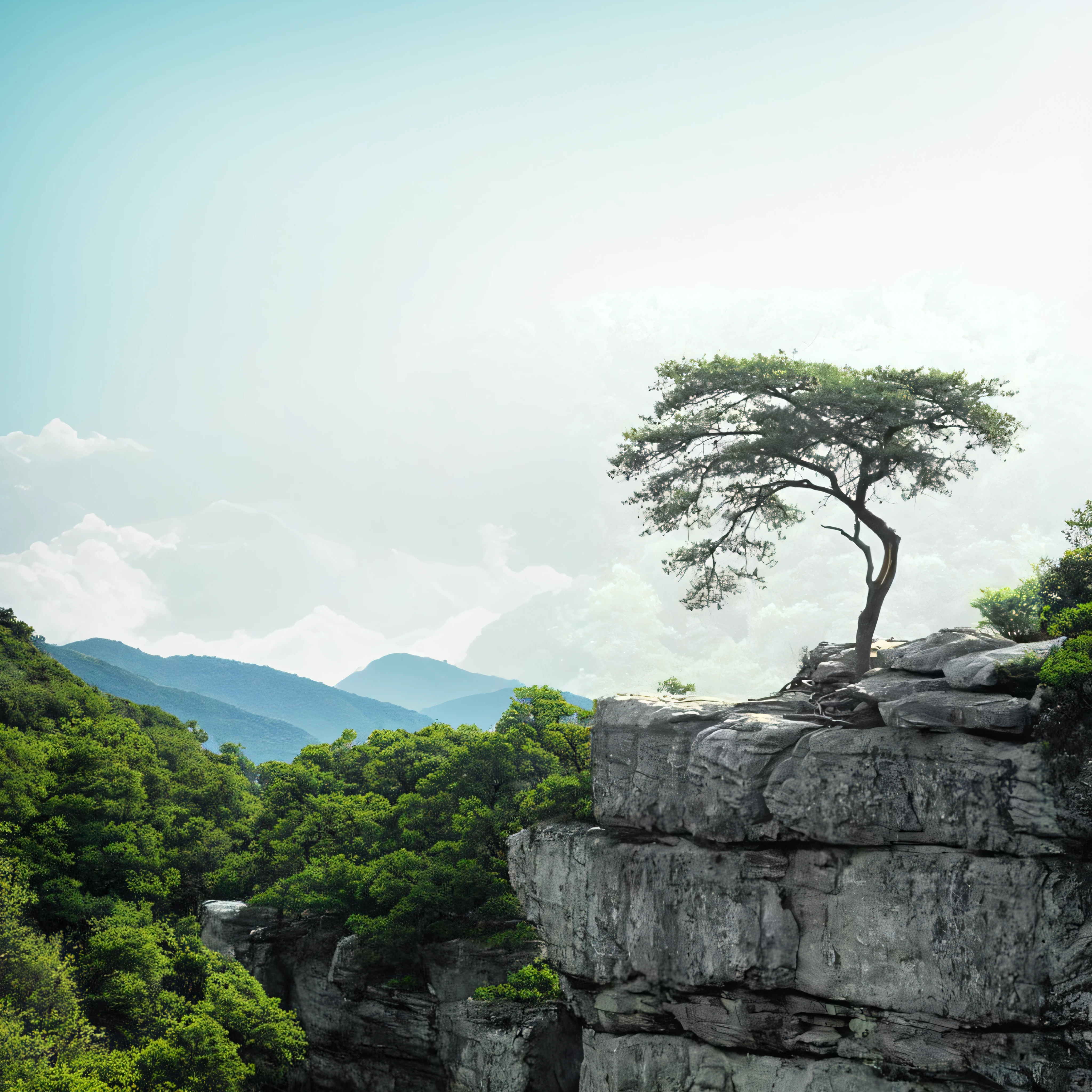 There is a solitary tree on a rock ledge with a mountain in the background, Detailed trees and cliffs, Borde de roca, Acantilado rocoso, Trees and cliffs, interesting composition, Acantilado, Meseta rocosa, soledad, lado del acantilado, lonely tree, por Richard Hess, Paisaje fotorrealista, trees. Pintura mate, Entorno en la naturaleza, Arte rupestre, Estructuras rocosas altamente detalladas