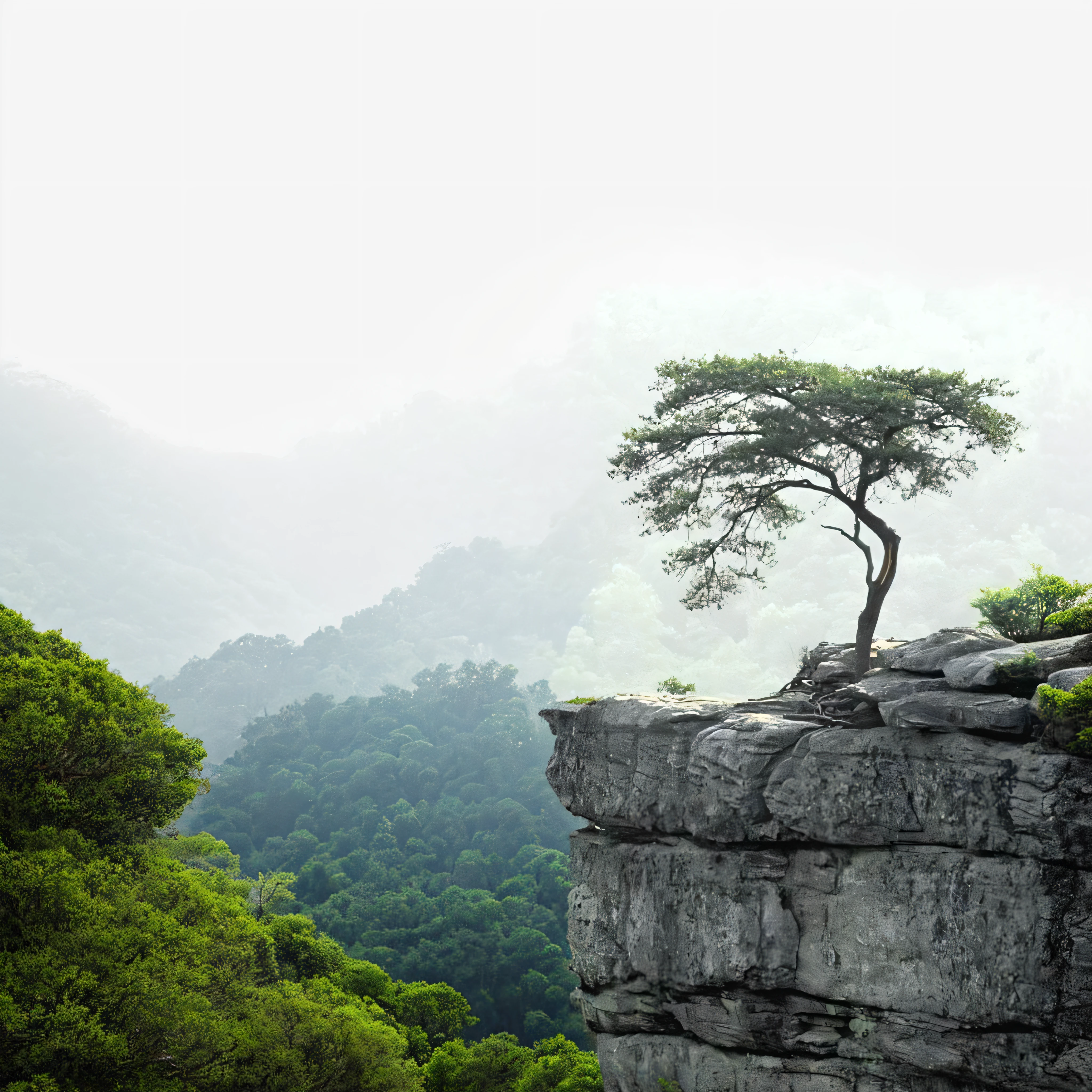 There is a solitary tree on a rock ledge with a mountain in the background, Detailed trees and cliffs, Borde de roca, Acantilado rocoso, Trees and cliffs, interesting composition, Acantilado, Meseta rocosa, soledad, lado del acantilado, lonely tree, por Richard Hess, Paisaje fotorrealista, trees. Pintura mate, Entorno en la naturaleza, Arte rupestre, Estructuras rocosas altamente detalladas