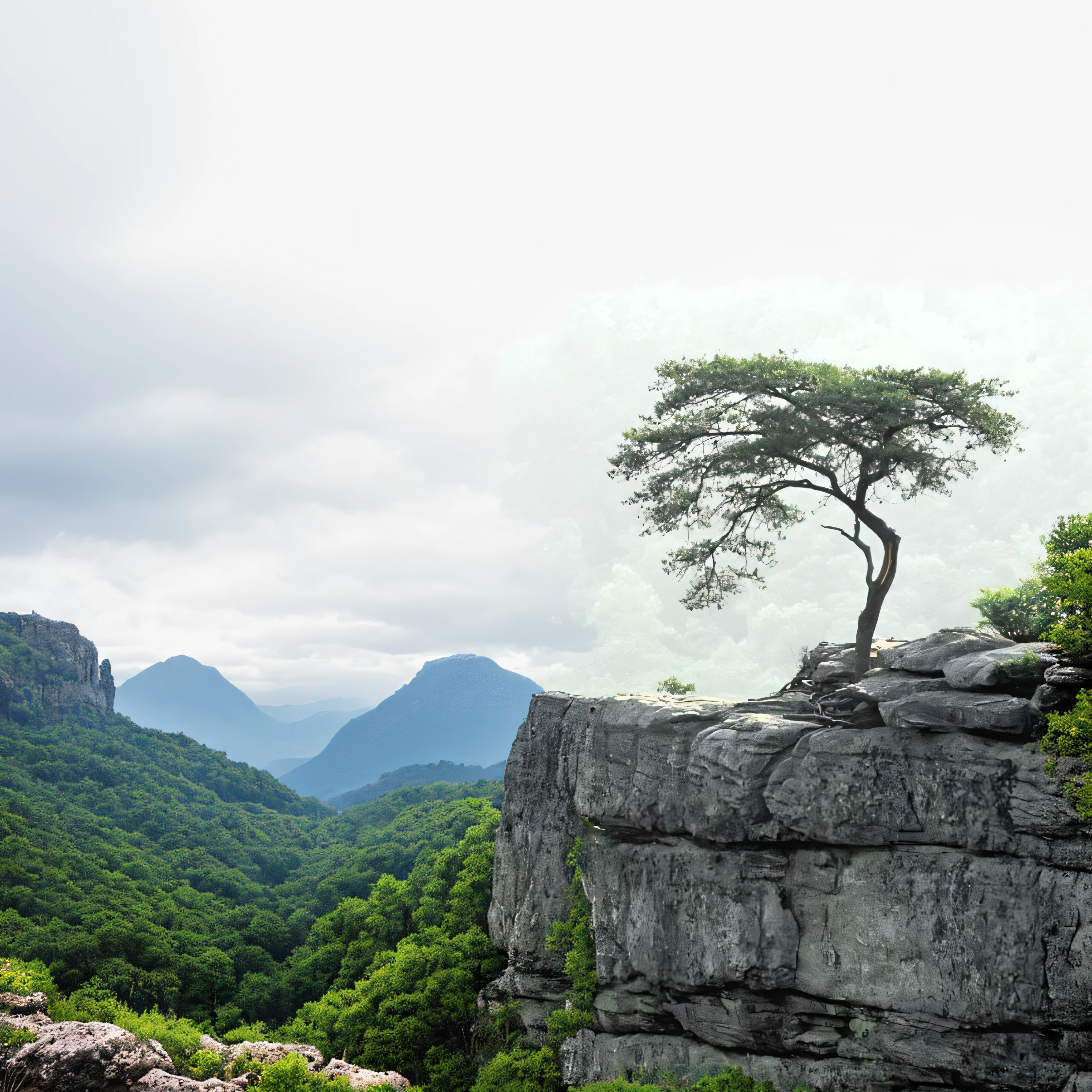 There is a solitary tree on a rock ledge with a mountain in the background, Detailed trees and cliffs, Borde de roca, Acantilado rocoso, Trees and cliffs, interesting composition, Acantilado, Meseta rocosa, soledad, lado del acantilado, lonely tree, por Richard Hess, Paisaje fotorrealista, trees. Pintura mate, Entorno en la naturaleza, Arte rupestre, Estructuras rocosas altamente detalladas