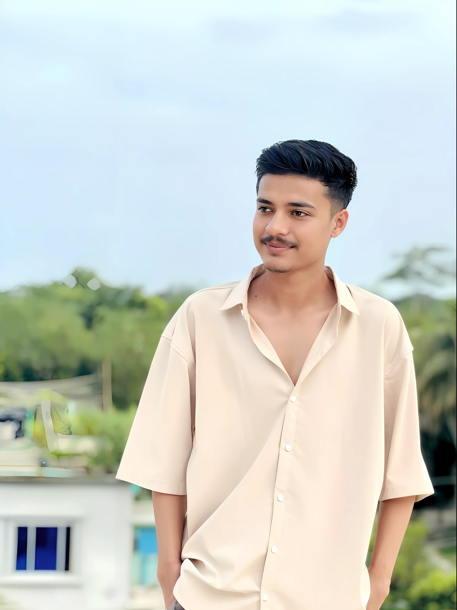 arafed man standing on a ledge with a skateboard in his hand, young man with short, wear's beige shirt, wearing in shirt, inspired by Bikash Bhattacharjee, with lovely look, assamese aesthetic, wearing a light shirt, wearing a linen shirt, shot on canon eos r 5, shot on canon eos r5, ayan nag