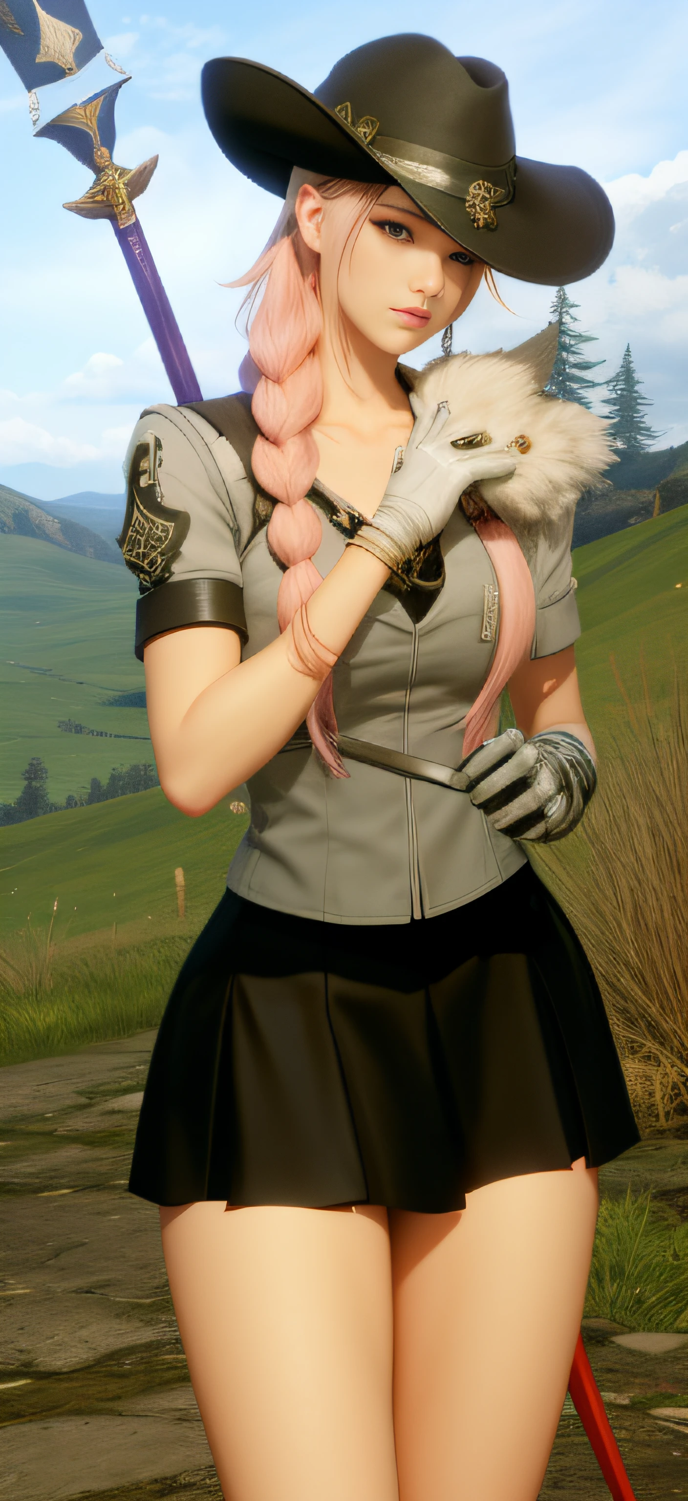 There is a woman in a short skirt and hat holding a sword, twintails branco_Luvas, Tifa Lockhart com cabelos brancos, haruno sakura, roupa de empregada, <Cena MMORPGS, estilo final fantasy 14, pale pink grass, Dicas de Yayoi Kasuma, fechar detalhes, Detalhe extra Mais detalhes, bela captura de tela, Desde NCSOFT