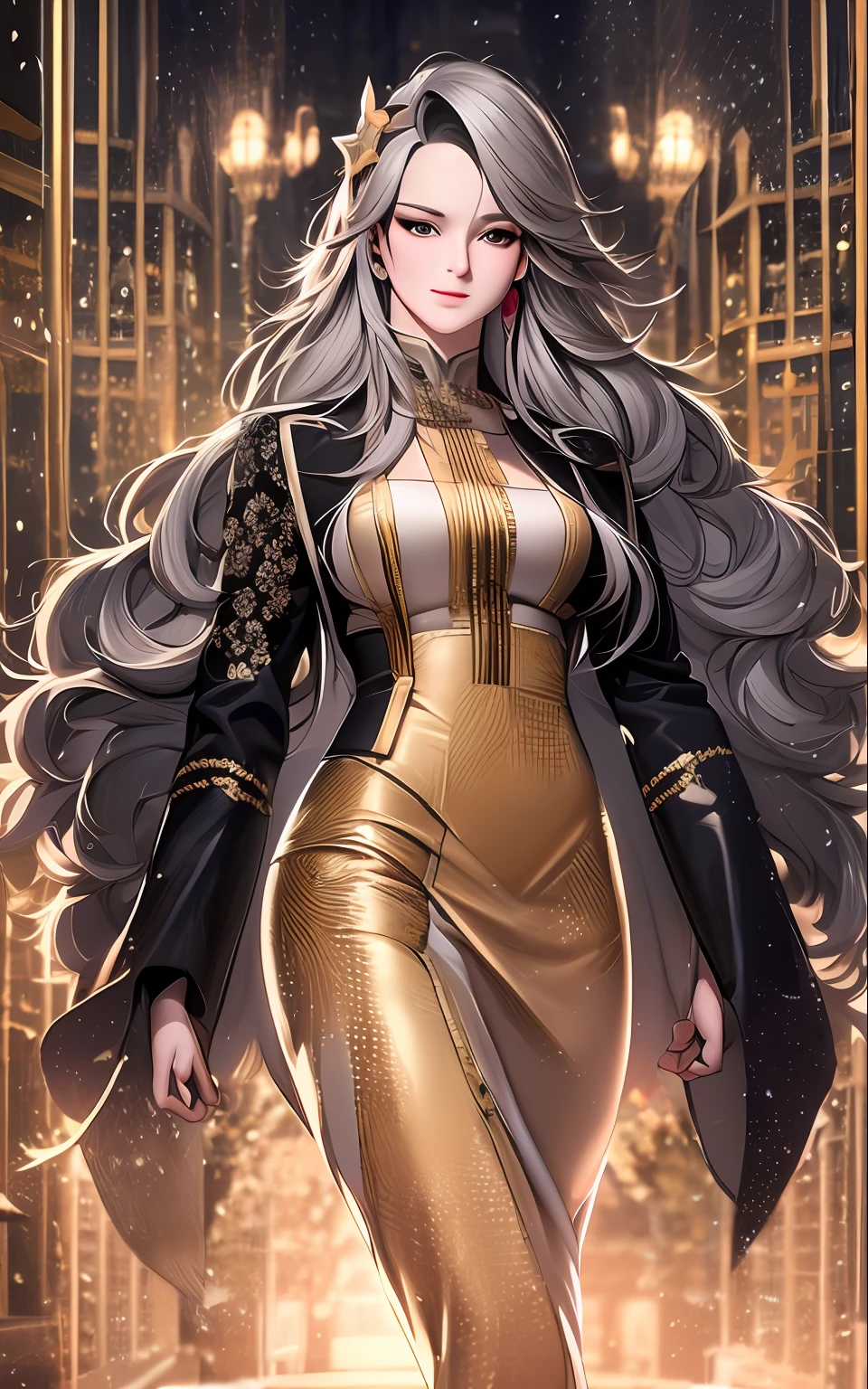 art deco frame,black gold white color scheme,white dominate,star,cosmos,waist up of pink color hair ,long hair,parted hair,long length hair, curly hair,thick front bang,big goldfish made with gold floating around with smoke in graphic style,black modern haute couture dress and suit,Anime style,digital painting, i can't believe how beautiful this is, history painting, digital art techniques, gongbi , finely detailed features, intricate brush strokes, beautiful lighting,  Cinematic, Color Grading, Depth of Field, intricate details, Unreal Engine, Character Concept Art, creative, expressive, stylized anatomy, digital art, 3D rendering, unique, award-winning, Adobe Photoshop, 3D Studio Max, well-developed concept, distinct personality, consistent style,