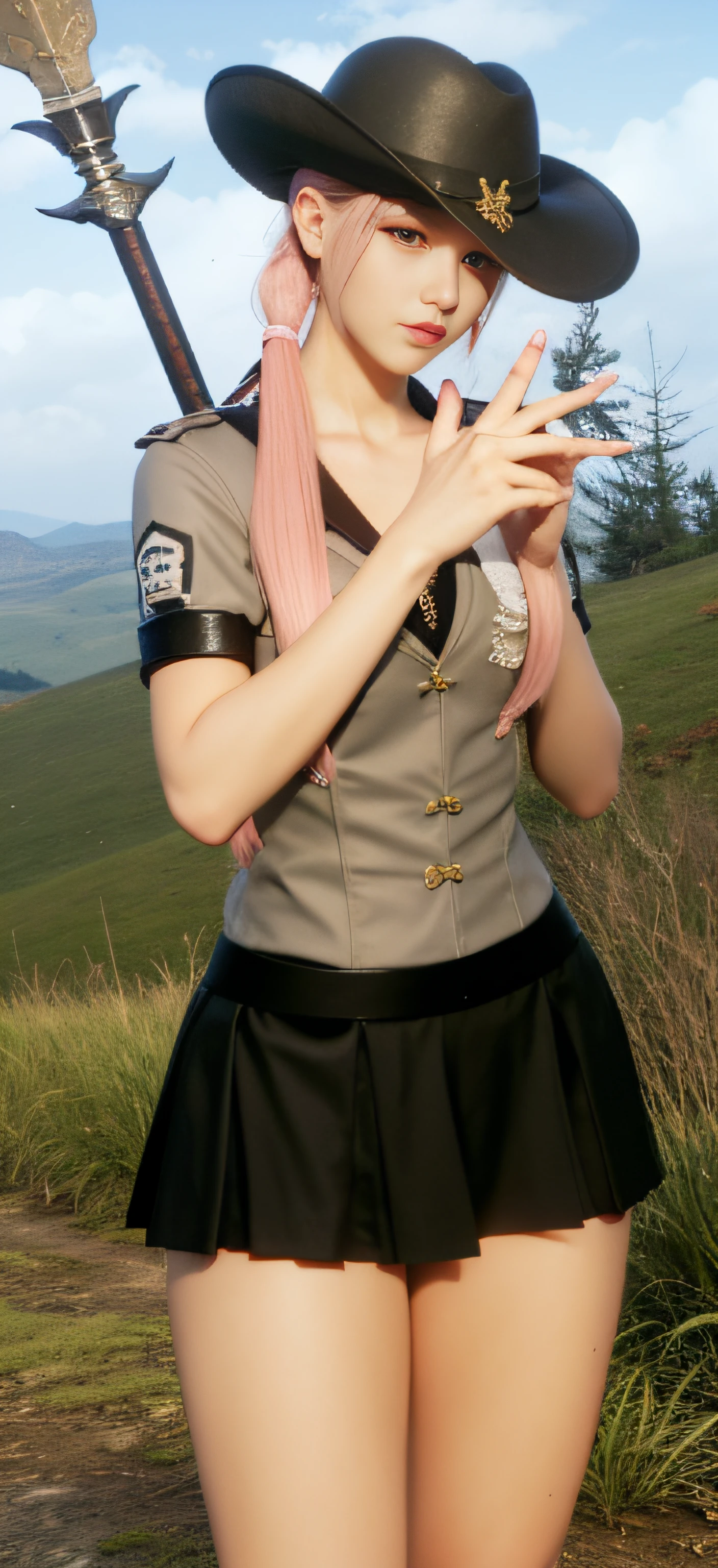 There is a woman in a short skirt and hat holding a sword, twintails branco_Luvas, Tifa Lockhart com cabelos brancos, haruno sakura, roupa de empregada, <Cena MMORPGS, estilo final fantasy 14, pale pink grass, Dicas de Yayoi Kasuma, fechar detalhes, Detalhe extra Mais detalhes, bela captura de tela, Da NCSOFT