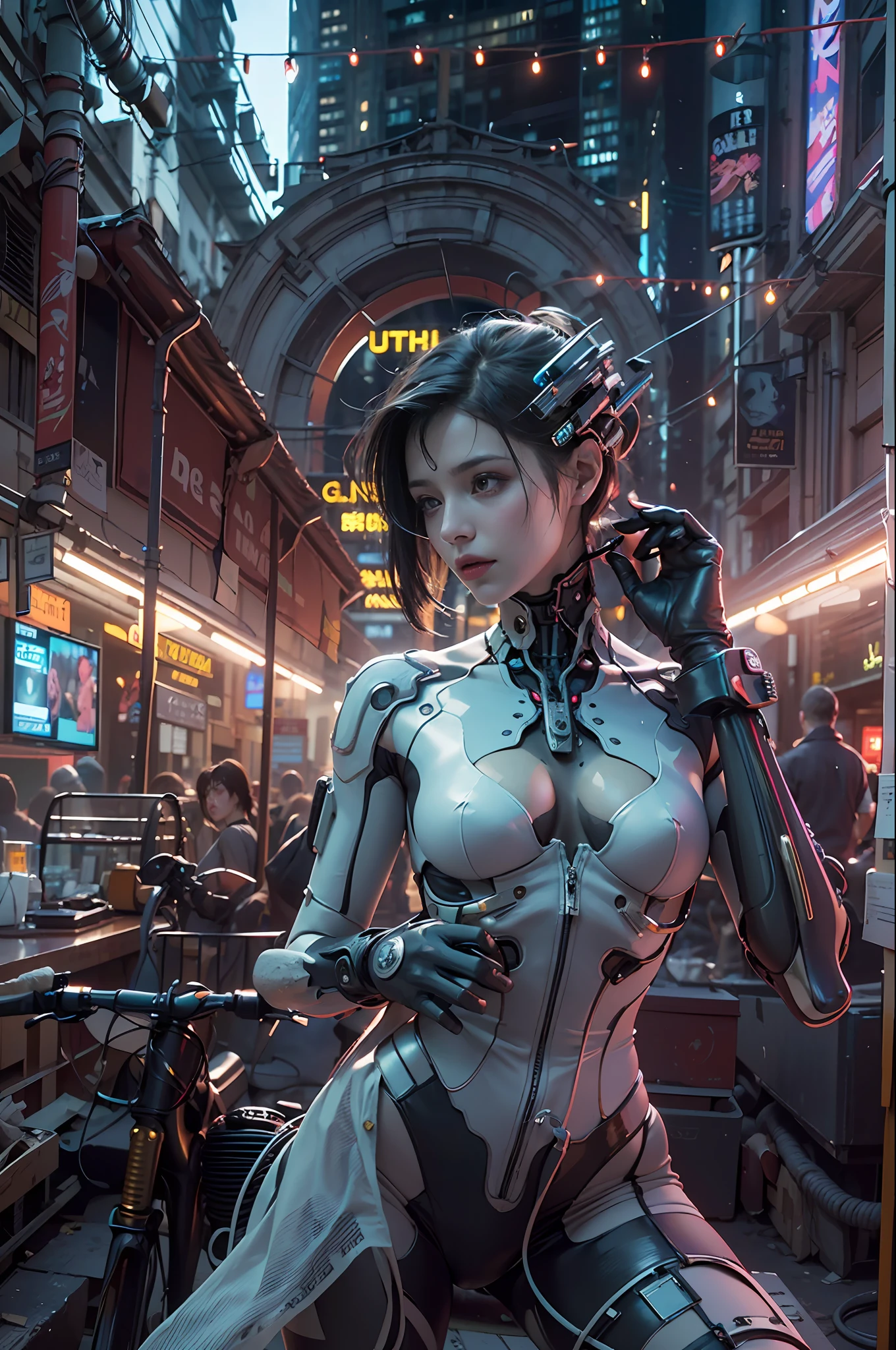 Top Quality, Masterpiece, Ultra High Resolution, ((Photorealistic: 1.4), Raw Photo, 1 cyberpunk android Girl, Glossy Skin, (Ultra Realistic Details)), mechanical limbs, tubes connected to the mechanical parts, mechanical vertebrae attached to the spine, mechanical cervical attachment to the neck, wires and cables connecting to the head, Evangelion, ((Ghost in the Shell)), small glowing LED lamps, global lighting, deep shadows, Octane Rendering, 8K, Ultra Sharp, Metal, Intricate Ornament Details, baroque details, Very intricate details, realistic light, CGSoation trend, facing the camera, neon details, (android manufactory in background), art by H.R. Giger and Alphonse Mucha.