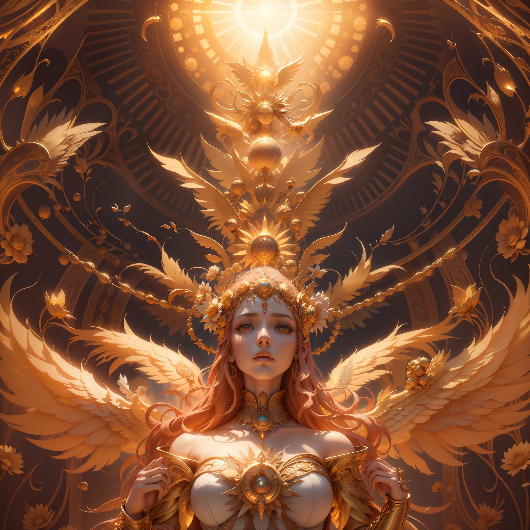 surrealism, conceptual art, classicism, back lit lighting, full bloom, Optical illusion, wide angle full body, in a panoramic view, Ultra-wide angle，From below, full bodyesbian，projected inset, hyper HD, Masterpiece, Textured skin, Super detail, High quality, Award-Awarded，It has a large golden flower on it, enlightening. Intricate, full bodyesbian, The goddess of the sun who blesses the masses, Flying，Extremely detailed full-body shot of the goddess, the solarpunk phoenix, Symmetrical epic fantasy art, unreal engine rendered, Goddess of Light, gold ethereal light, ethereal angelic being of light, art nouveau octane render, intricate ornate anime cgi style