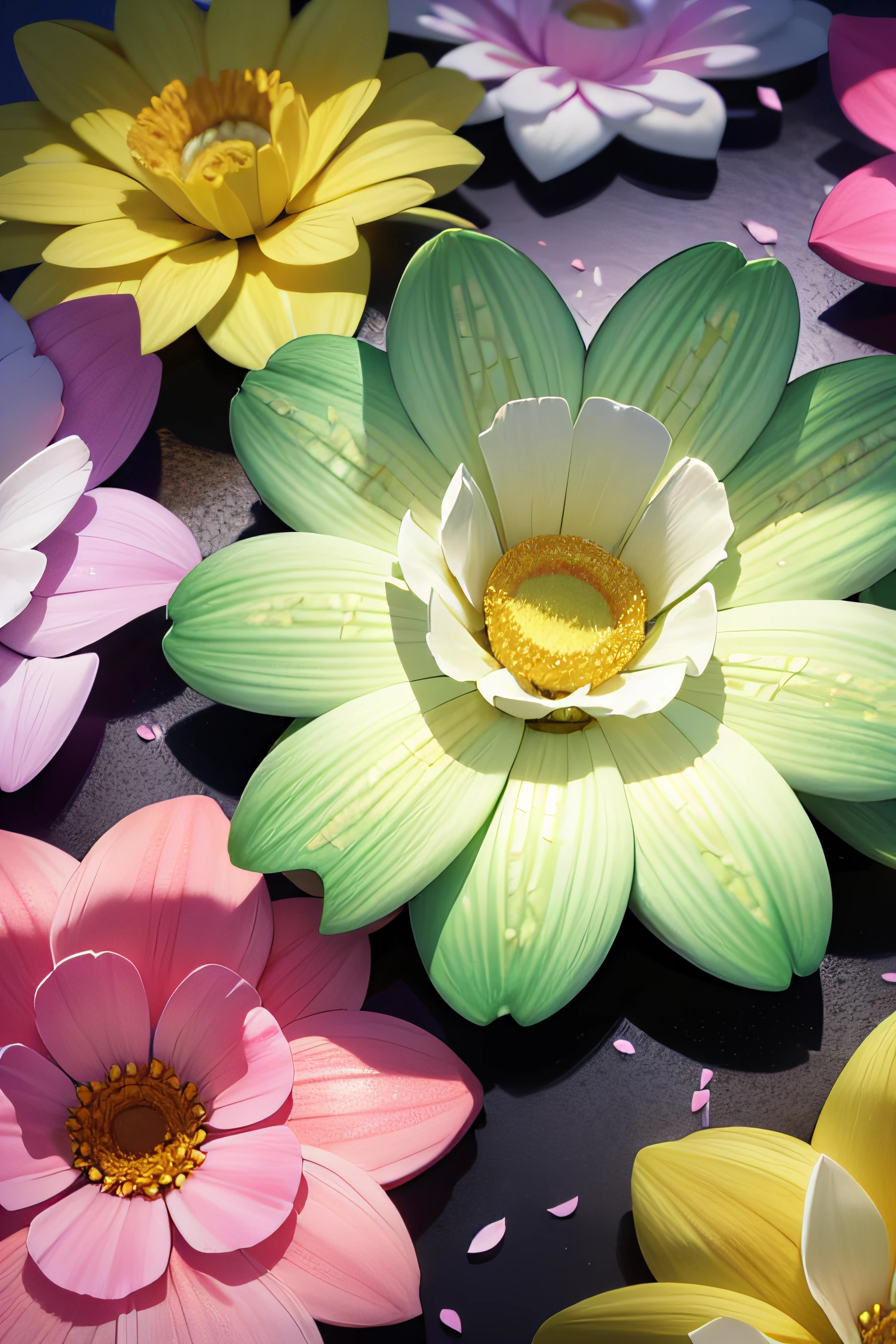 muchas flores de primavera en 3D, unas sobre otras, superpuestas. En colores pasteles, con el luz al fondo. Each flower with equal petals, symmetrical and beautiful. Solo flores y luces