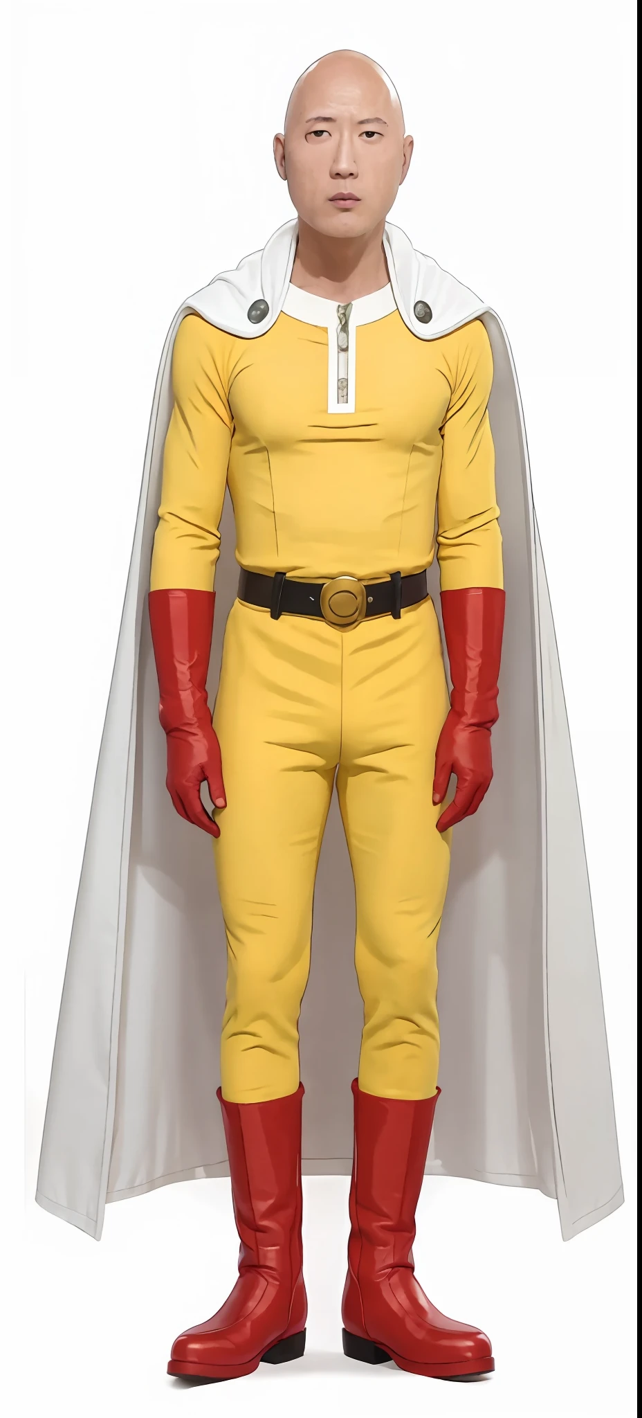 yellow bodysuit, (bald), belt, red gloves, red boots, white cloak, asian man face