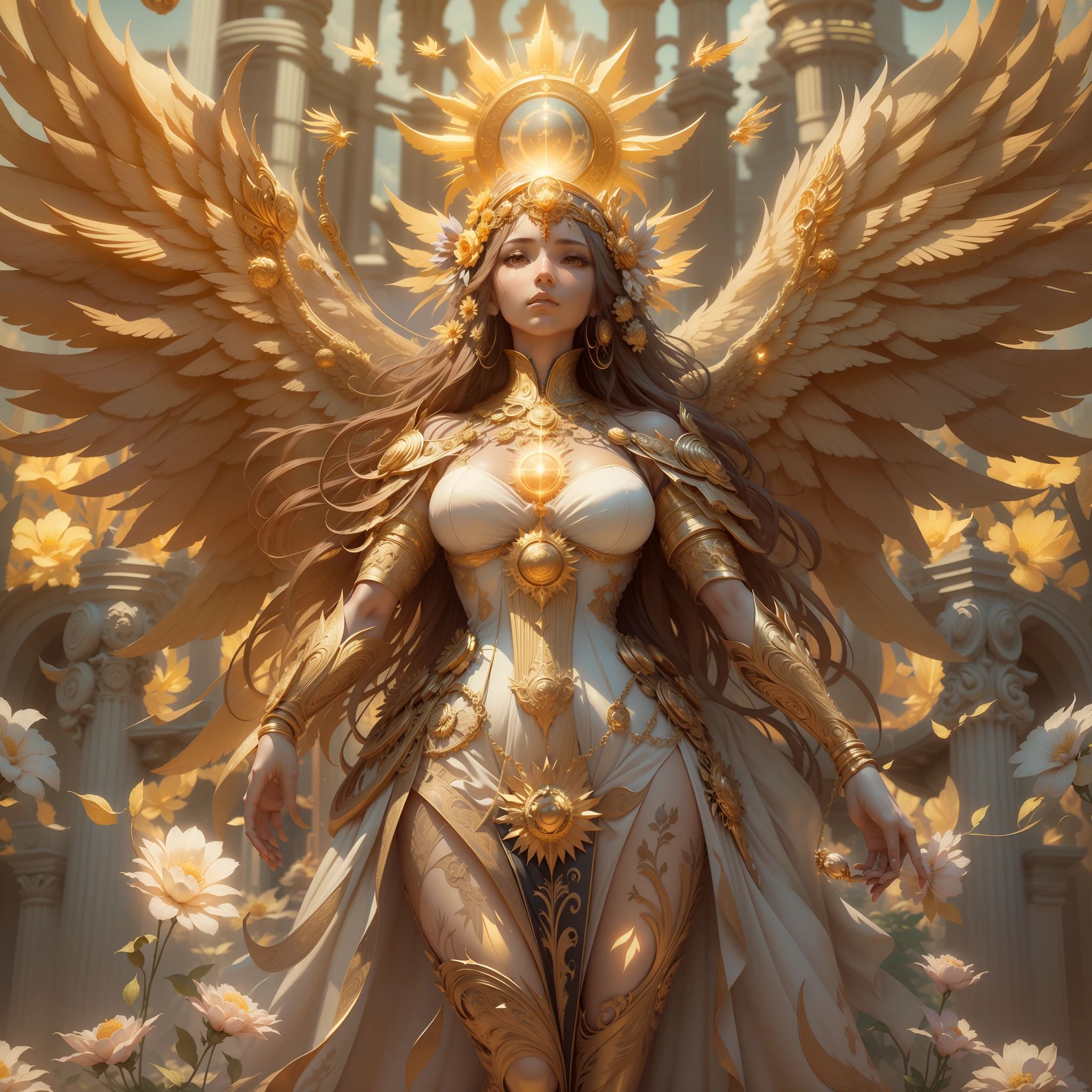 surrealism, conceptual art, classicism, back lit lighting, full bloom, Optical illusion, wide angle full body, in a panoramic view, Ultra-wide angle full body,projected inset, hyper HD, Masterpiece, Textured skin, Super detail, High quality, Award-Awarded,It has a large golden flower on it, enlightening. Intricate, full bodyesbian, The goddess of the sun who blesses the masses, Flying,Extremely detailed full-body shot of the goddess, the solarpunk phoenix, Symmetrical epic fantasy art, unreal engine rendered, Goddess of Light, gold ethereal light, ethereal angelic being of light, art nouveau octane render, intricate ornate anime cgi style