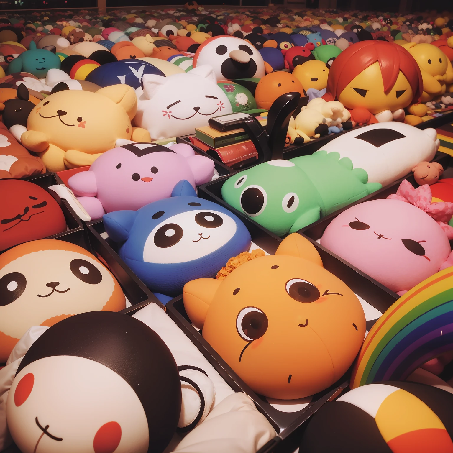 Rainbow, red, yellow, green, blue, orange, purple, many plushes, cotton plushes, medium shot, sparkles, knife palettes, soft, gentle,