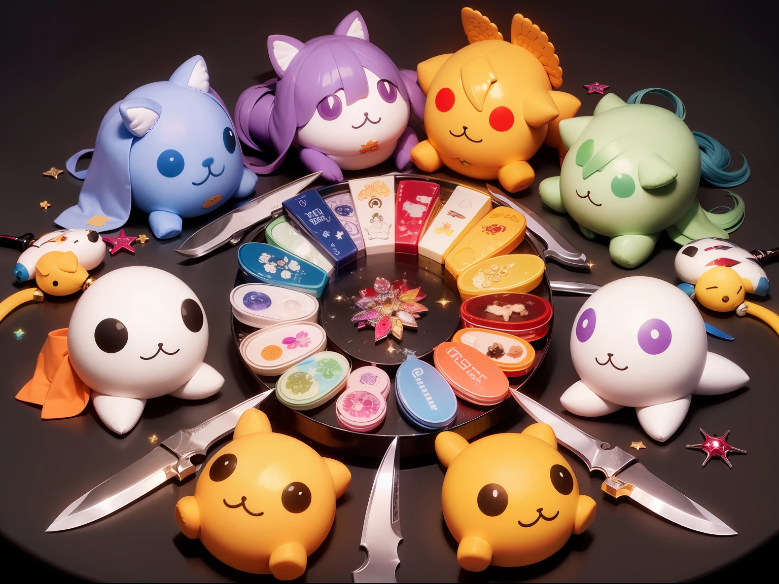 Rainbow, red, yellow, green, blue, orange, purple, many plushes, cotton plushes, medium shot, sparkles, knife palettes, soft, gentle,