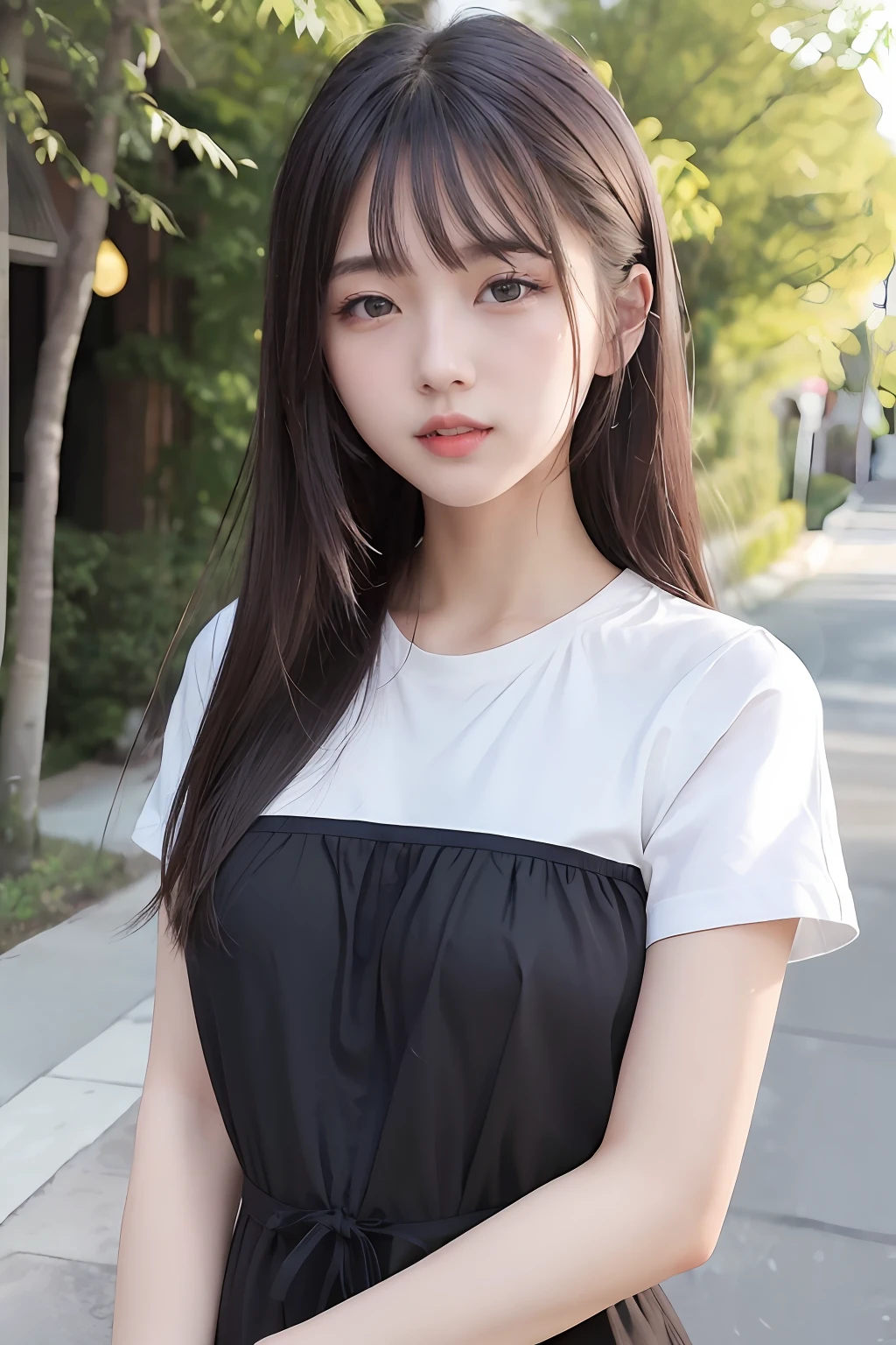 (8K、top-quality、masterpiece:1.2)、(reallistic、Photorealsitic:1.37)、The ultra-detailliert、1人、23years old、Medium chest、Beautie、Beautiful and perfect face、Natural smile、独奏、holiday、The shops、shopping、(Redness of the nose)、(A smile:1.15)、(With mouth closed) 、beautidful eyes、(long:1.2)、Floating hair 、Middle hair、