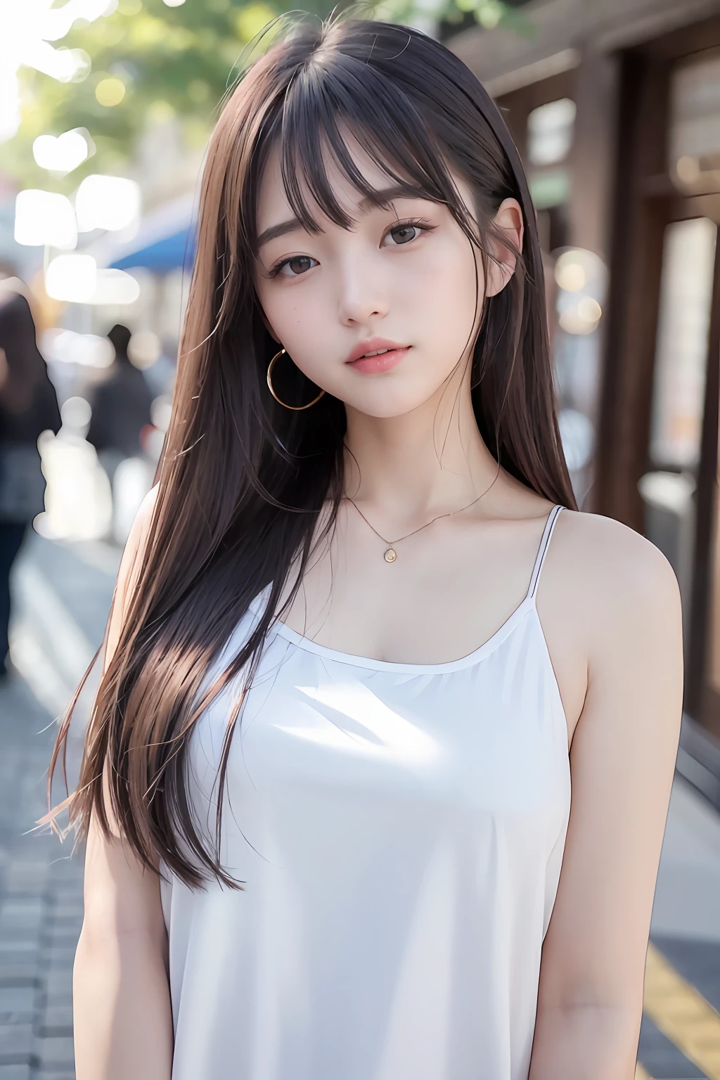 (8K、top-quality、​masterpiece:1.2)、(reallistic、Photorealsitic:1.37)、The ultra-detailliert、女の子1人、23years old、Medium chest、Beautie、Beautiful and perfect face、Natural smile、独奏、holiday、The shops、shopping、(Redness of the nose)、(A smile:1.15)、(With mouth closed) 、beautidful eyes、(long:1.2)、Floating hair 、Middle hair、