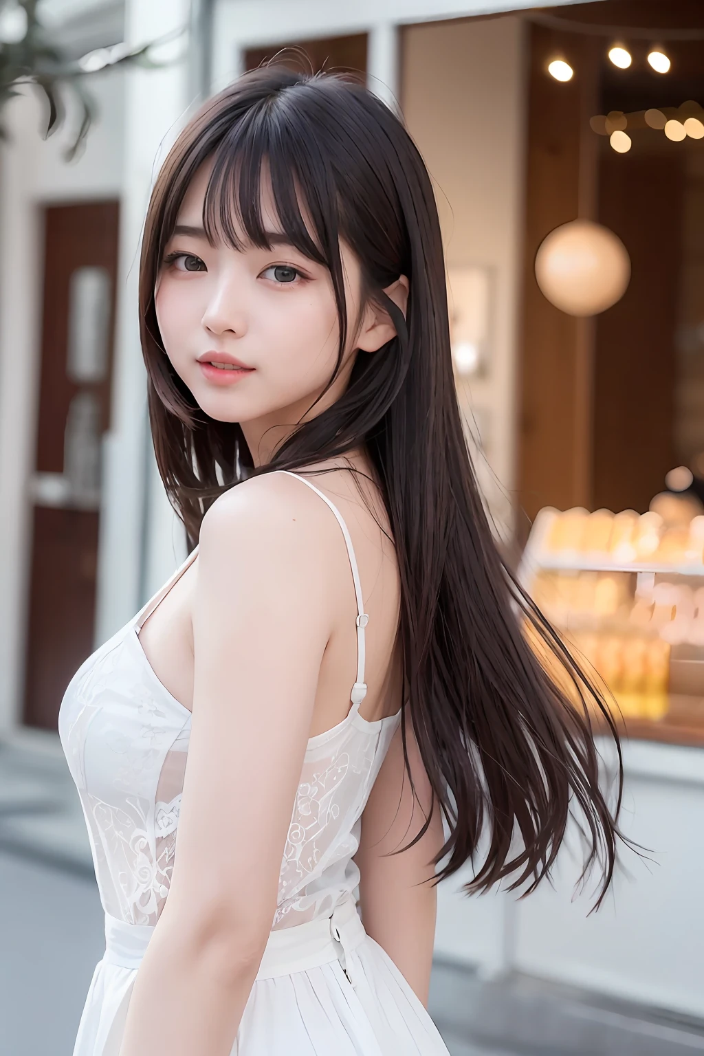 (8K、top-quality、masterpiece:1.2)、(reallistic、Photorealsitic:1.37)、The ultra-detailliert、1人、23years old、Medium chest、Beautie、Beautiful and perfect face、Natural smile、独奏、holiday、The shops、shopping、(Redness of the nose)、(A smile:1.15)、(With mouth closed) 、beautidful eyes、(long:1.2)、Floating hair 、Middle hair、