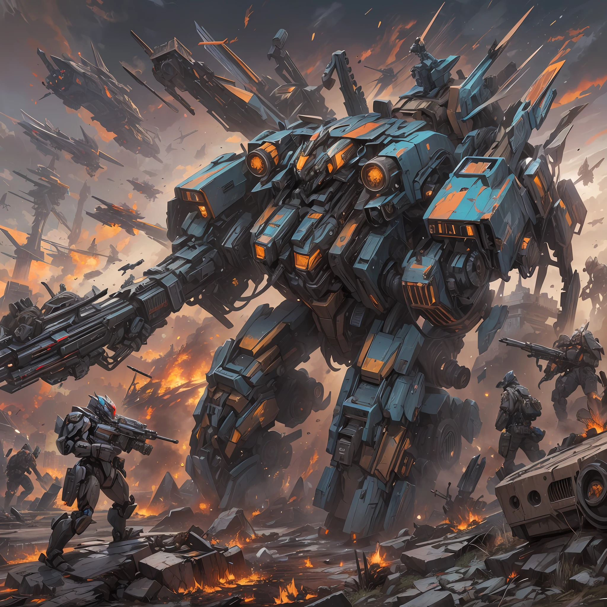 (absurdres, highres, ultra detailed),(Masterpiece, best quality:1.2),1mecha, mechanical marvel, absolutely stunning machinery, extremely detailed, walking through a battlefield,sky filled with bullets, surrounded by broken machines,dark sci-fi, vibrant colours