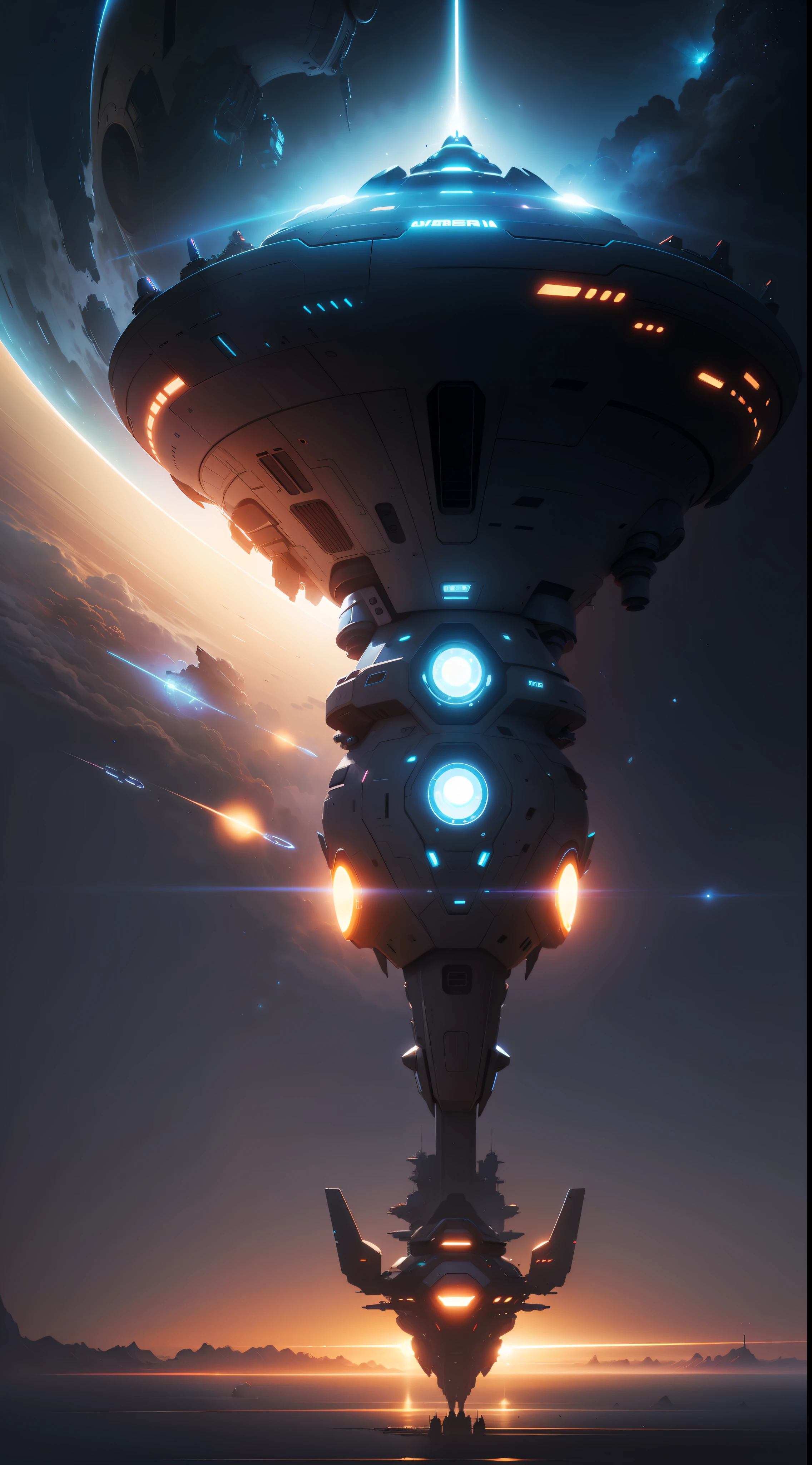 a futuristic space ship floating in the sky, a matte painting by Christopher Balaskas, cgsociety, space art, toonami, sci-fi, reimagined by industrial light and magic