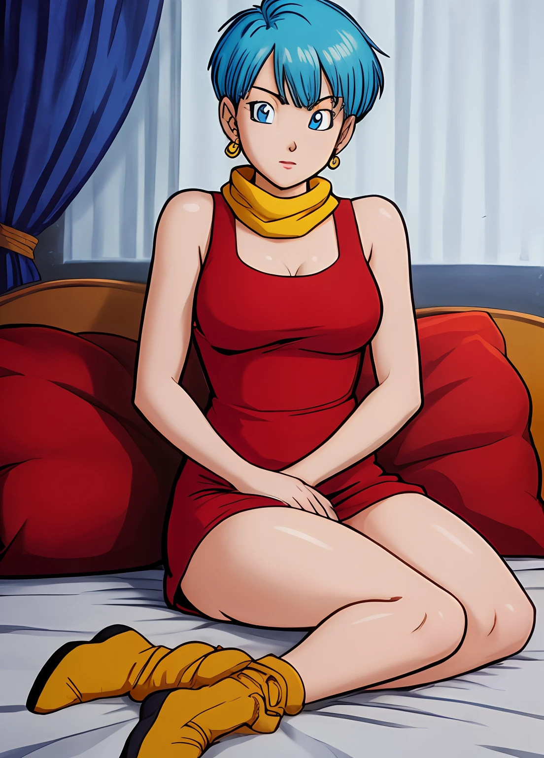 masterpiece, best quality, highest quality, (photorealistic), perfect anatomy, perfect face, perfect eyes,
bulmadbzreddress, aqua hair, red dress, short hair, blue eyes, yellow scarf, sleeveless, earrings, sexy pose, 1girl, on bed, lying, lying on bed, sexy pose