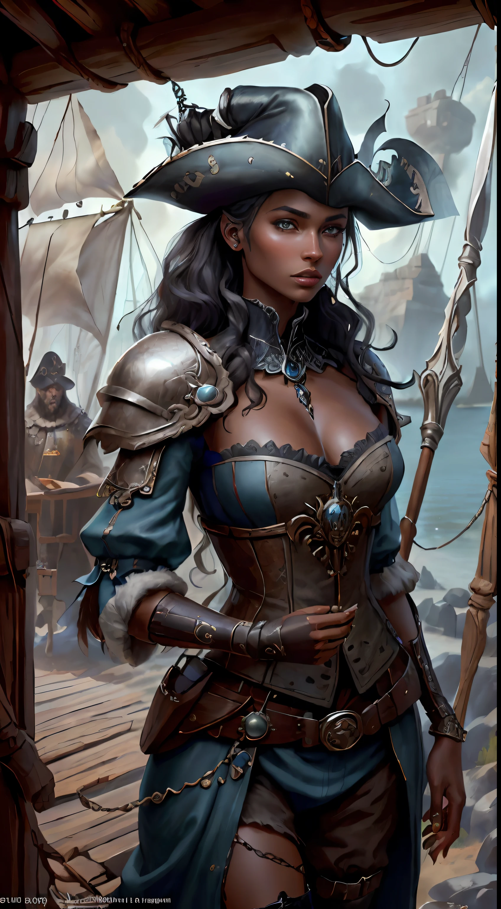 (((Interaction multi-personnes, avec des hommes et des femmes))), (highly detailed RAW color photos, Ridiculous resolution, High resolution, super detailed), ((r 9 6 angles)), dark skinned, beau, Courageous and fearless expression, mature, slender shoulders, very thin body, Chapeau de pirate noir captif noir, tresses blanches sales, Yeux verts vibrants, (Detailed eyes and detailed face), Extremely detailed 8K photo, (corps entier: 0.9), beautiful woman, hors-bord, Outboard background, Detailed face, (Medieval fantasy theme: 1.3), Light blue pirate theme armor with very intricate details, Pantalon bleu, Ship in the background, Inside the ship, Pont du navire, Inspired by Dungeons & Dragons, Digital artwork, surreal, photographie, softlighting, Discreet details, octane, tendance artstation, Ultra high level of detail, surreal, film, 16k,