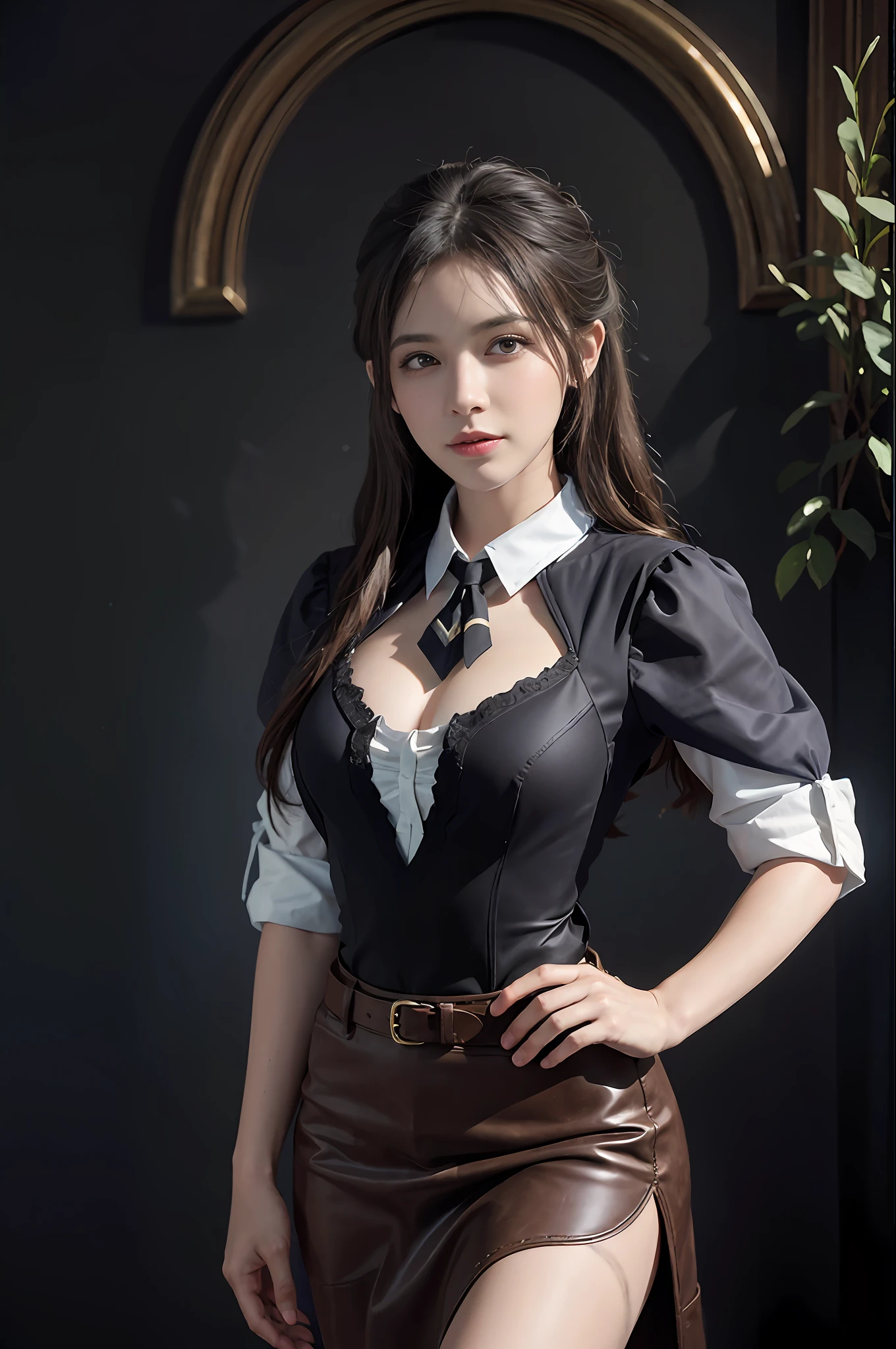 Hyperrealist portrait of female by david hockney and alphonse mucha,fantasy art, photo realistic, dynamic lighting, artstation, poster, volumetric lighting, very detailed faces, 4 k, award winning,, 1girl, in the dark, deep shadow, low key,cowboy shot,(official clothing:1.4) ,long hair,white hair,
