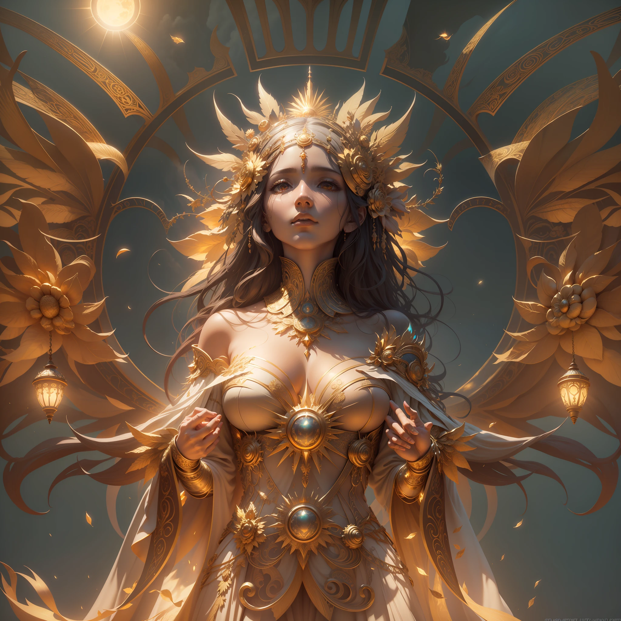 surrealism, conceptual art, classicism, back lit lighting, full bloom, Optical illusion, wide angle full body, in a panoramic view, Ultra-wide angle full body,projected inset, hyper HD, Masterpiece, Textured skin, Super detail, High quality, Award-Awarded,It has a large golden flower on it, enlightening. Intricate, full bodyesbian, The goddess of the sun who blesses the masses, Flying,Extremely detailed full-body shot of the goddess, the solarpunk phoenix, Symmetrical epic fantasy art, unreal engine rendered, Goddess of Light, gold ethereal light, ethereal angelic being of light, art nouveau octane render, intricate ornate anime cgi style