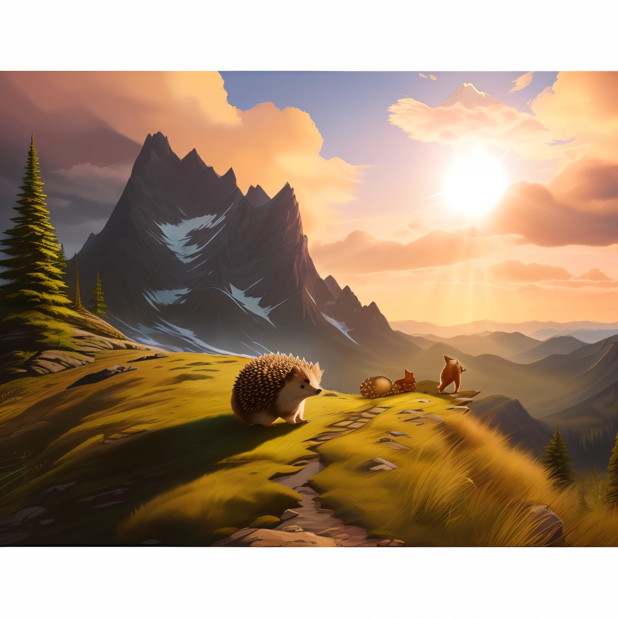 mountaineering、mont、hedgehog、A logo、Hedgehog climbing a mountain、Character Open Forest, (masterpiece art drawing, happy excitement, Fearless(Detailed enhanced hedgehog animations), adventure clothing. animal( detailed masterpiece), forest, Sunlight, Clouds, open field.