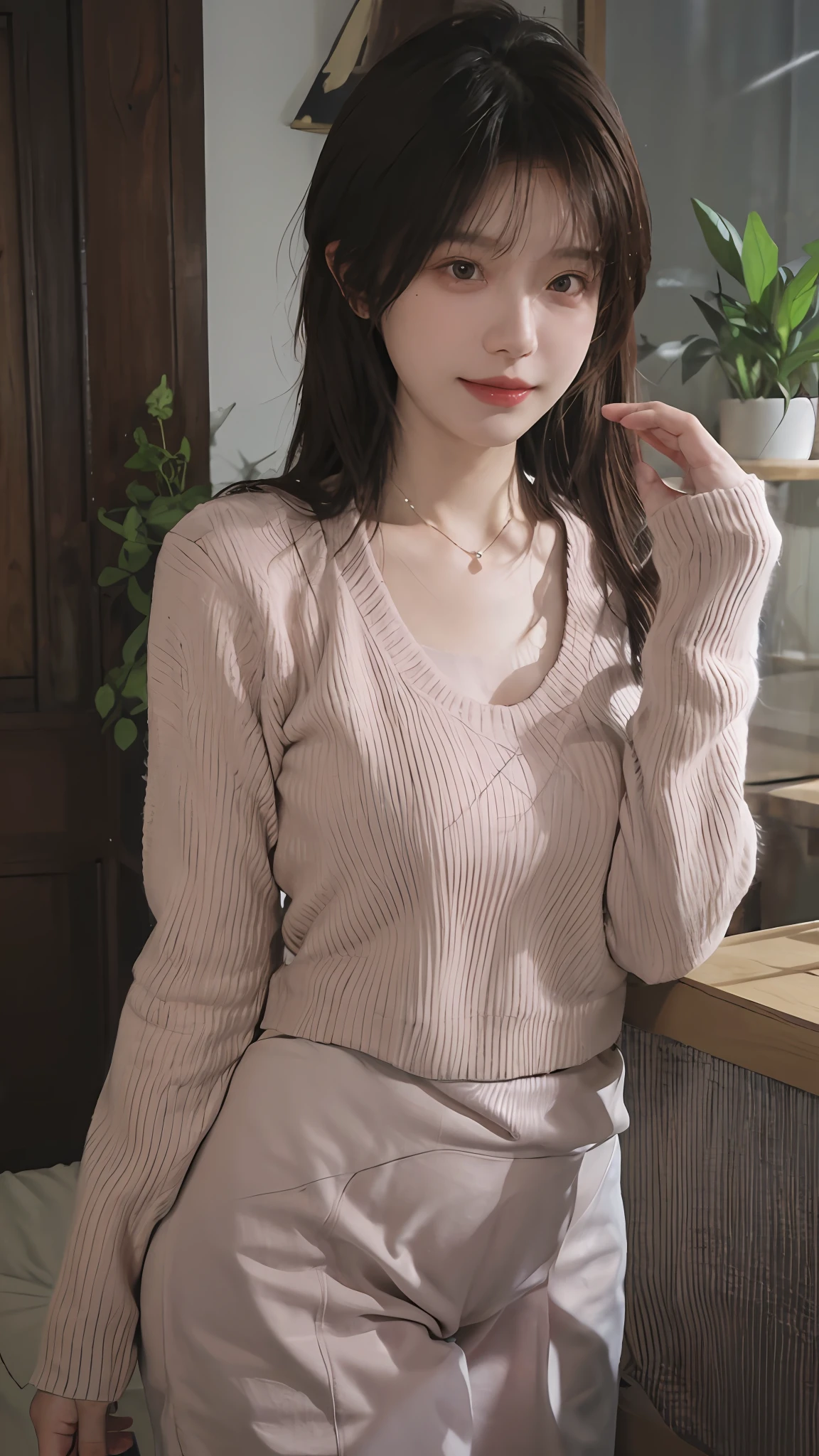 best qualtiy, 超高分辨率, (realisticlying:1.4),cute hairpin,Baoyu Girl,1girll, Beautiful woman with a slim figure:1.4, Abs:1.1, (A brown-haired, mideum breasts:1.3), Long pink sweater:1.1, 浴室,Ultra-fine face,Elaborate Eyes,二重まぶた,ssmile,choker necklace