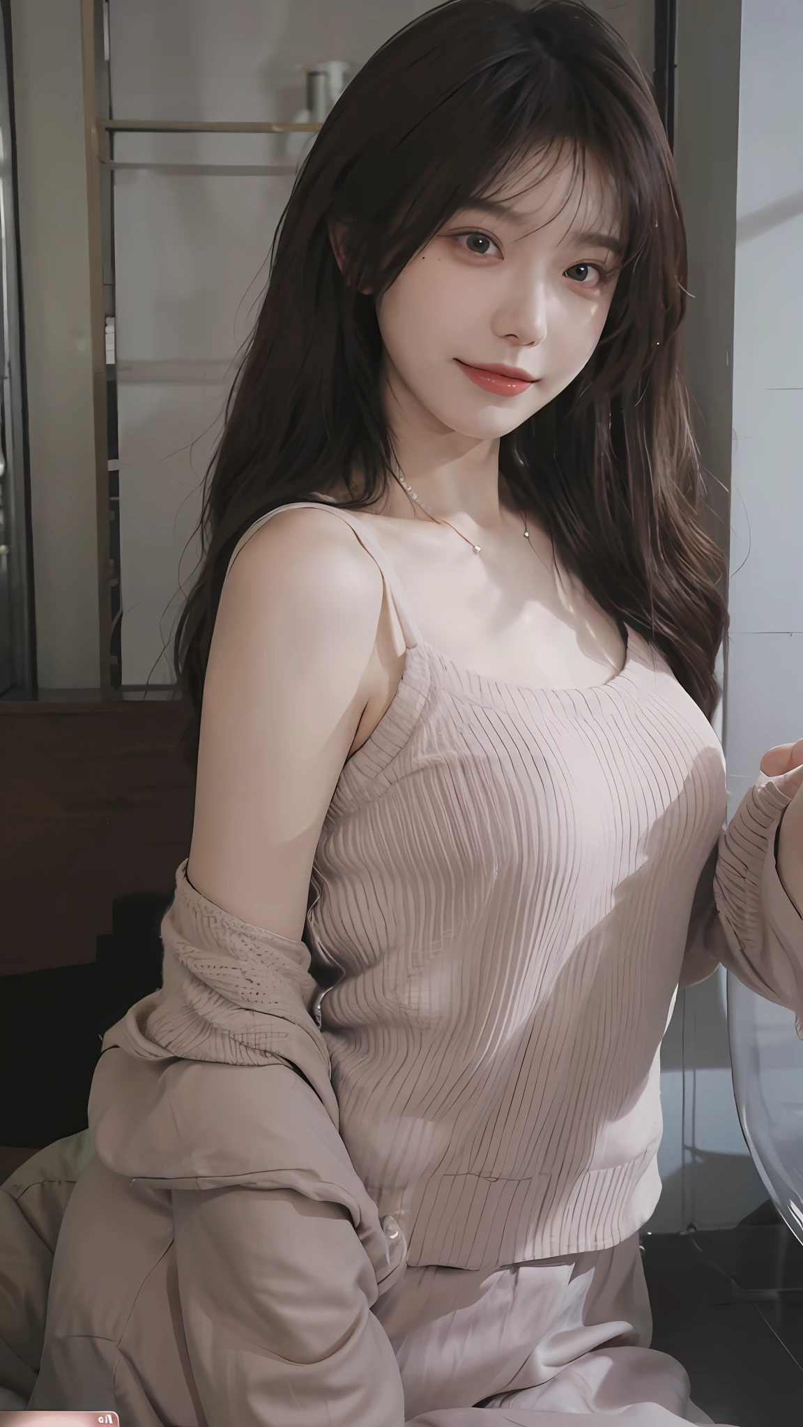 best qualtiy, 超高分辨率, (realisticlying:1.4),cute hairpin,Baoyu Girl,1girll, Beautiful woman with a slim figure:1.4, Abs:1.1, (A brown-haired, mideum breasts:1.3), Long pink sweater:1.1, 浴室,Ultra-fine face,Elaborate Eyes,二重まぶた,ssmile,choker necklace