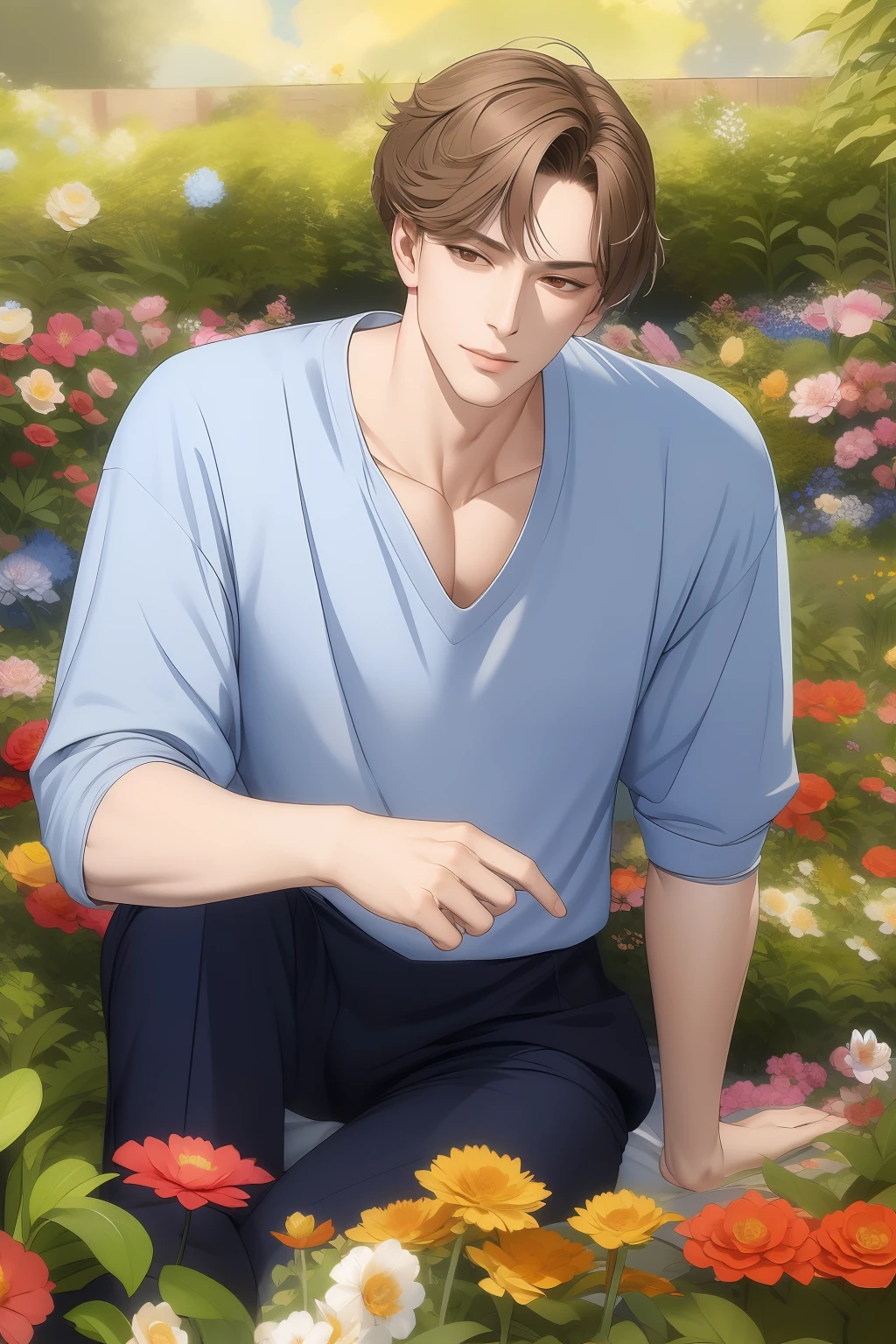 masterpiece, best quality, 1 male, adult, mature, tall, broad shoulders, handsome, intricate details, a man lying in a flower garden, casual clothes, dutch angle