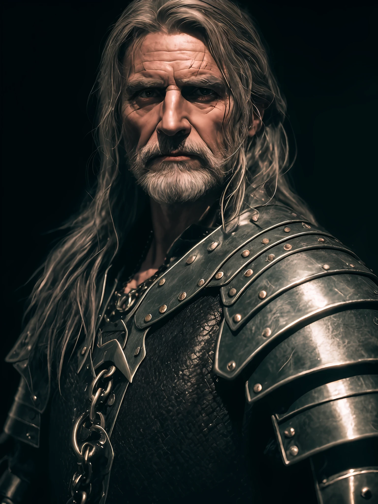 (Highest quality:1.3), cinematic shot, masterpiece, (sharp focus:1.5), (photorealistic:1.3), medium portrait of (a weary-looking but still proud and fierce-looking old Viking warrior, now the leader of his village, dressed in elaborately detailed chain mail and leather armour, a few torches burn on the walls, giving the scene a dark atmosphere but sculpting the forms in sharp chiaroscuro), it is night time, (highly detailed skin), (detailed face), detailed background, dark lighting, twilight lighting, volumetric lighting, intricate details, UHD,