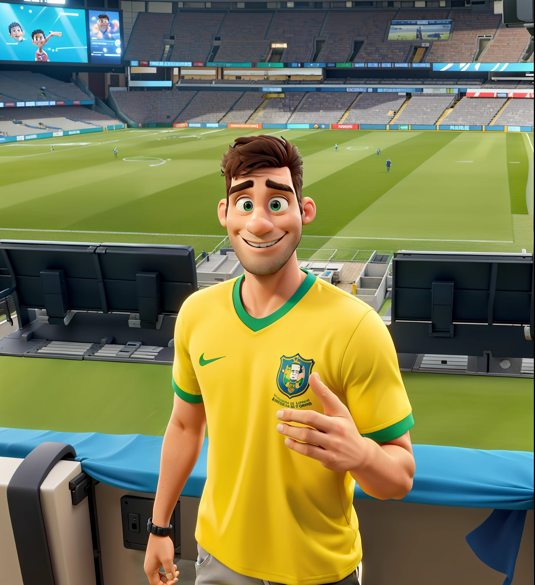 Obra prima de uma homem de aproximadamente 28 anos, Beautiful in Ultra Definition, rosto reto, dando destaque para sua pele em alta qualidade, qualidade de cinema disney, cabelo liso loiro com mechas escuras bem iluminado, sorridente, making a sign with his hand by raising two fingers, Wearing a t-shirt from Brazil in high definition details, cinematic lighthing, profesional lighting, studio illumination, 8k, in the background a football stadium, na cor verde, com desfoque em ultra qualidade