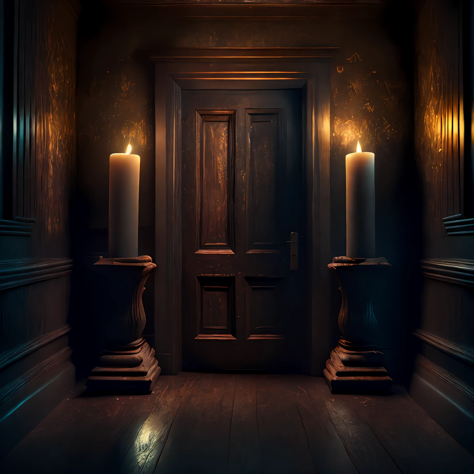 masterpiece, best quality, 8k, highres, realistic, real life, photography, ray tracing, candle lighting, , ultra realistic, scary dark hallway, film grain, horror \(theme\), wooden floor, candlelight, dark, dusty, abandoned, peeling off wallpaper, bloody door, creepy, horror, conjuring