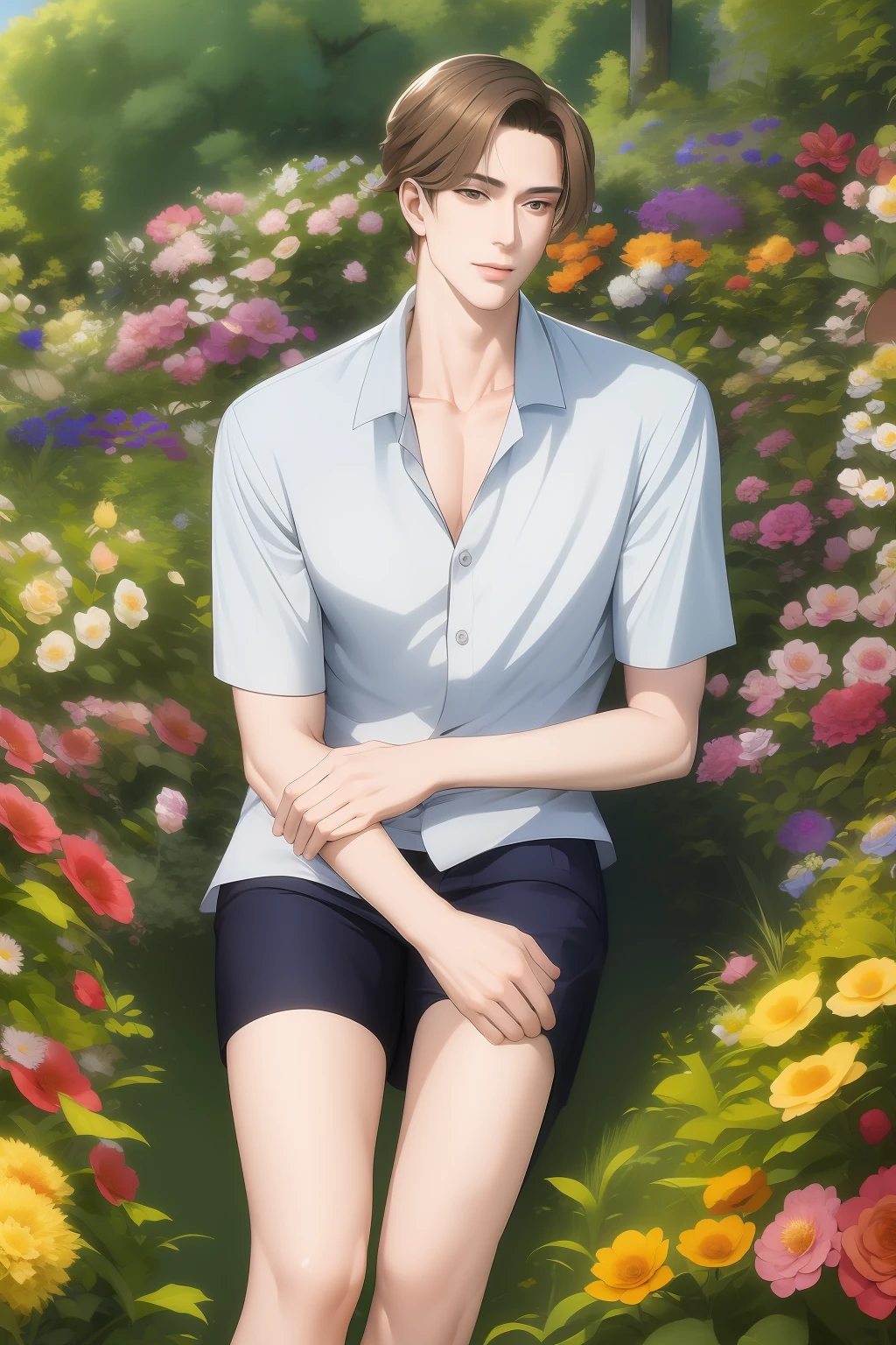 masterpiece, best quality, 1 male, adult, mature, tall, broad shoulders, handsome, intricate details, a man lying in a flower garden, casual clothes, dutch angle