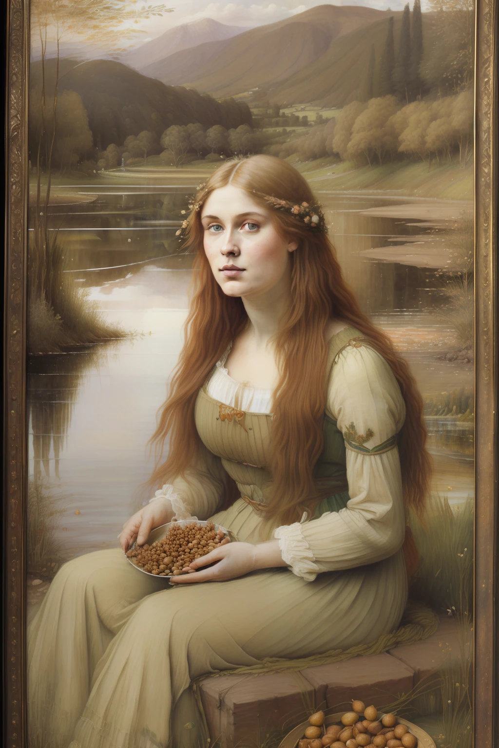 (((Pre-Raphaelite painting of a blonde maiden eating hazelnuts, By the lake there is a hazelnut, skip a salmon, paisagem irlandesa, Hazelnuts)))