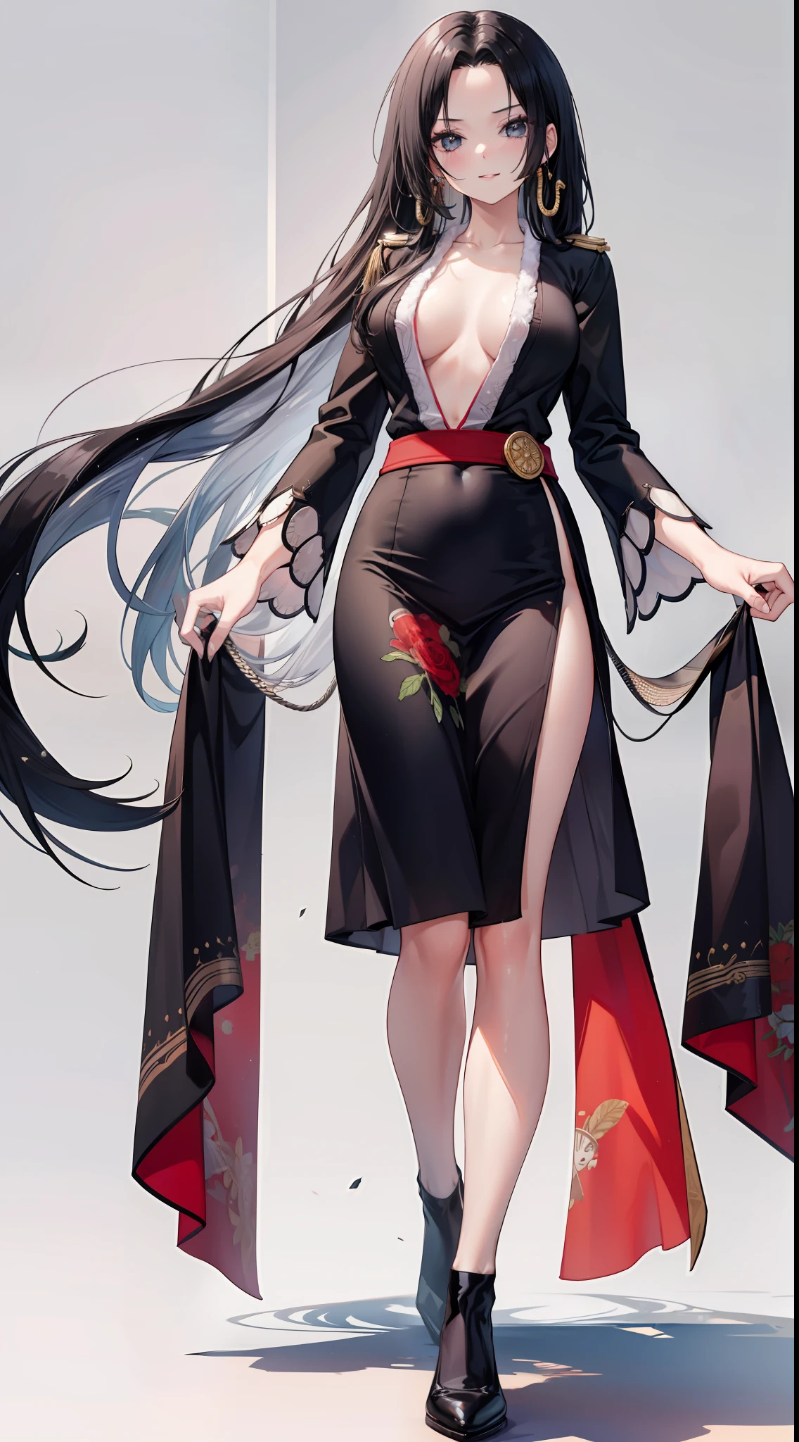 top-quality,​masterpiece,Masterpiece,8k,1人の女性,1girl,独奏,((without background,Pure white background)),Boa Hancock,Black hair,Long,straight haired,Black eyes,despise,Bullish smile,(Red clothes),long  skirt,Tall,is standing,facing front,Walking posture,(full bodyesbian),Depiction from head to knee,