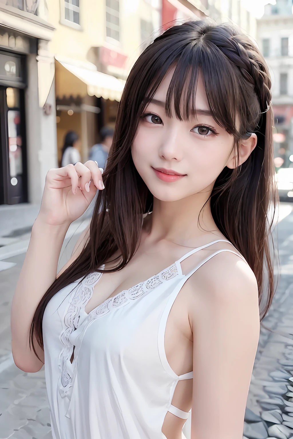 (8K、top-quality、masterpiece:1.2)、(reallistic、Photorealsitic:1.37)、The ultra-detailliert、女の子1人、23years old、Medium chest、Beautie、Beautiful and perfect face、Natural smile、独奏、holiday、Bustling street、shopping、Fashionable clothes、Redness of the nose)、(A smile:1.15)、(With mouth closed) 、beautidful eyes、(long:1.2)、Floating hair 、Middle hair、
