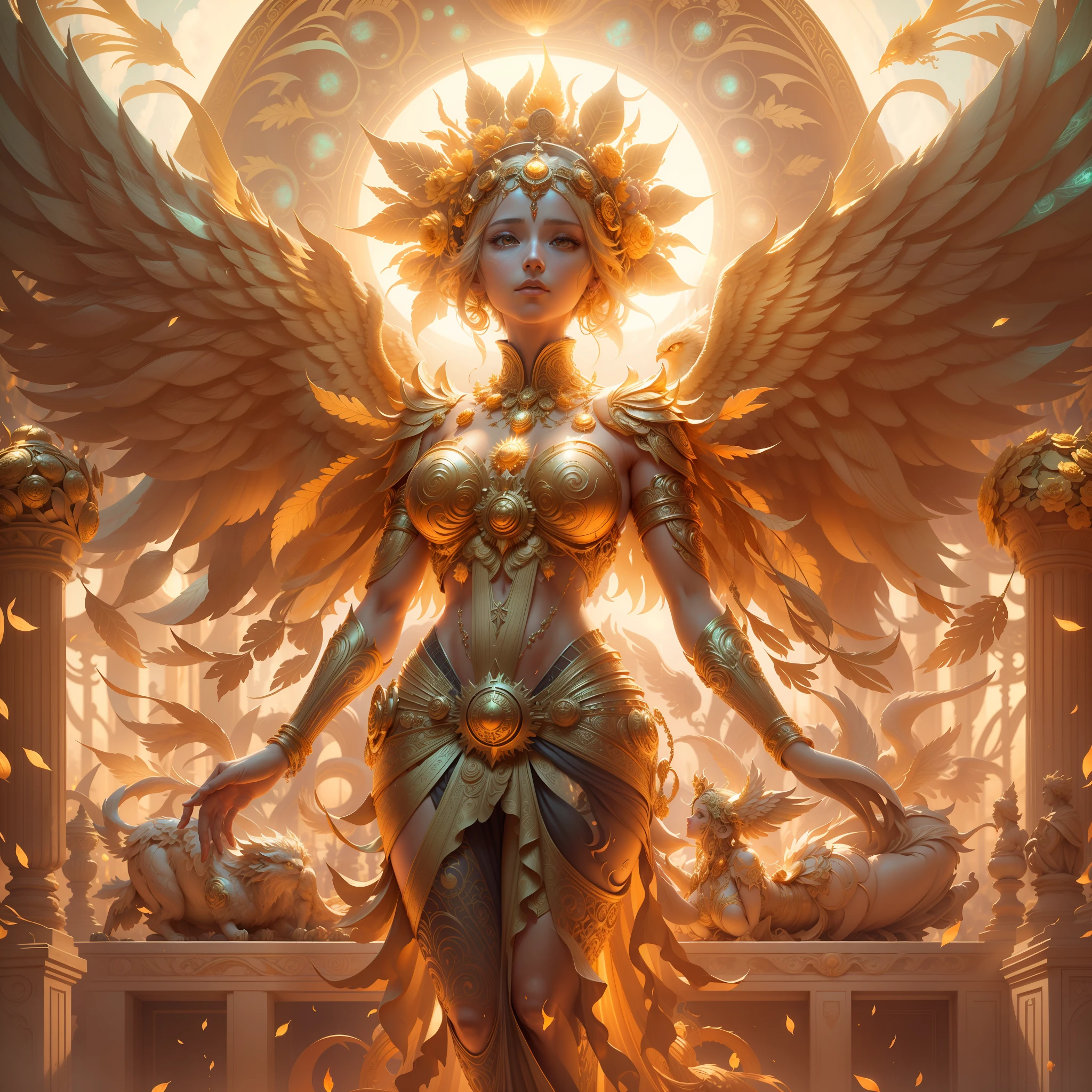 surrealism, conceptual art, classicism, back lit lighting, full bloom, Optical illusion, wide angle full body, in a panoramic view, Ultra-wide angle full body,projected inset, hyper HD, Masterpiece, Textured skin, Super detail, High quality, Award-Awarded,It has a large golden flower on it, enlightening. Intricate, full bodyesbian, The goddess of the sun who blesses the masses, Flying,Extremely detailed full-body shot of the goddess, the solarpunk phoenix, Symmetrical epic fantasy art, unreal engine rendered, Goddess of Light, gold ethereal light, ethereal angelic being of light, art nouveau octane render, intricate ornate anime cgi style