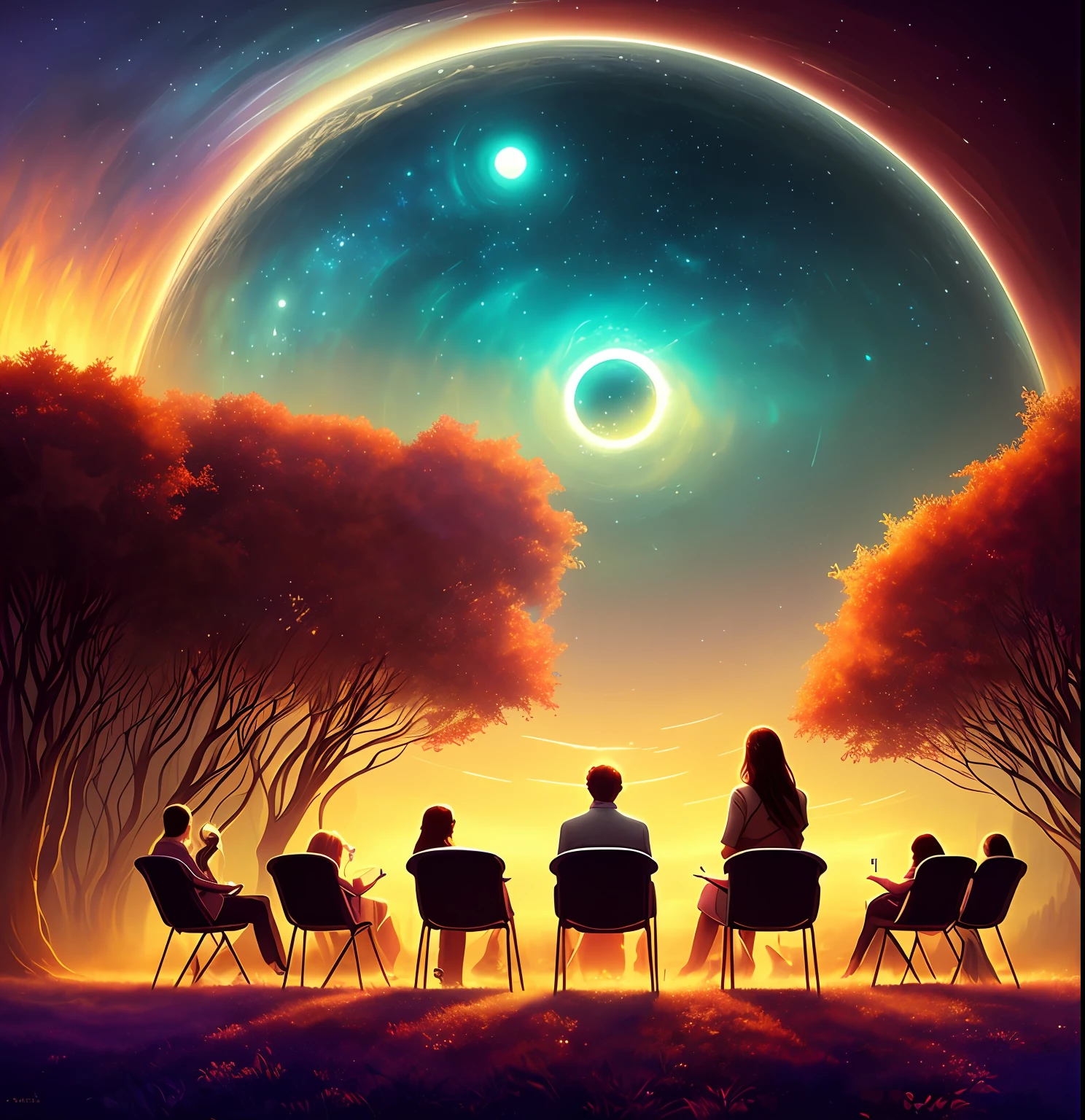 a group of people sitting in chairs like an orchestra group in a circle with a spiral background, Epic Music album cover, arte de fundo, epic surrealism 8k oil painting, album cover concept art, arte do bipe, music album art, inspirado em Cyril Rolando, Dan Mumford Tom Bagshaw, epic stunning atmosphere, Harmonia do Universo, surreal mystical atmosphere, music album cover