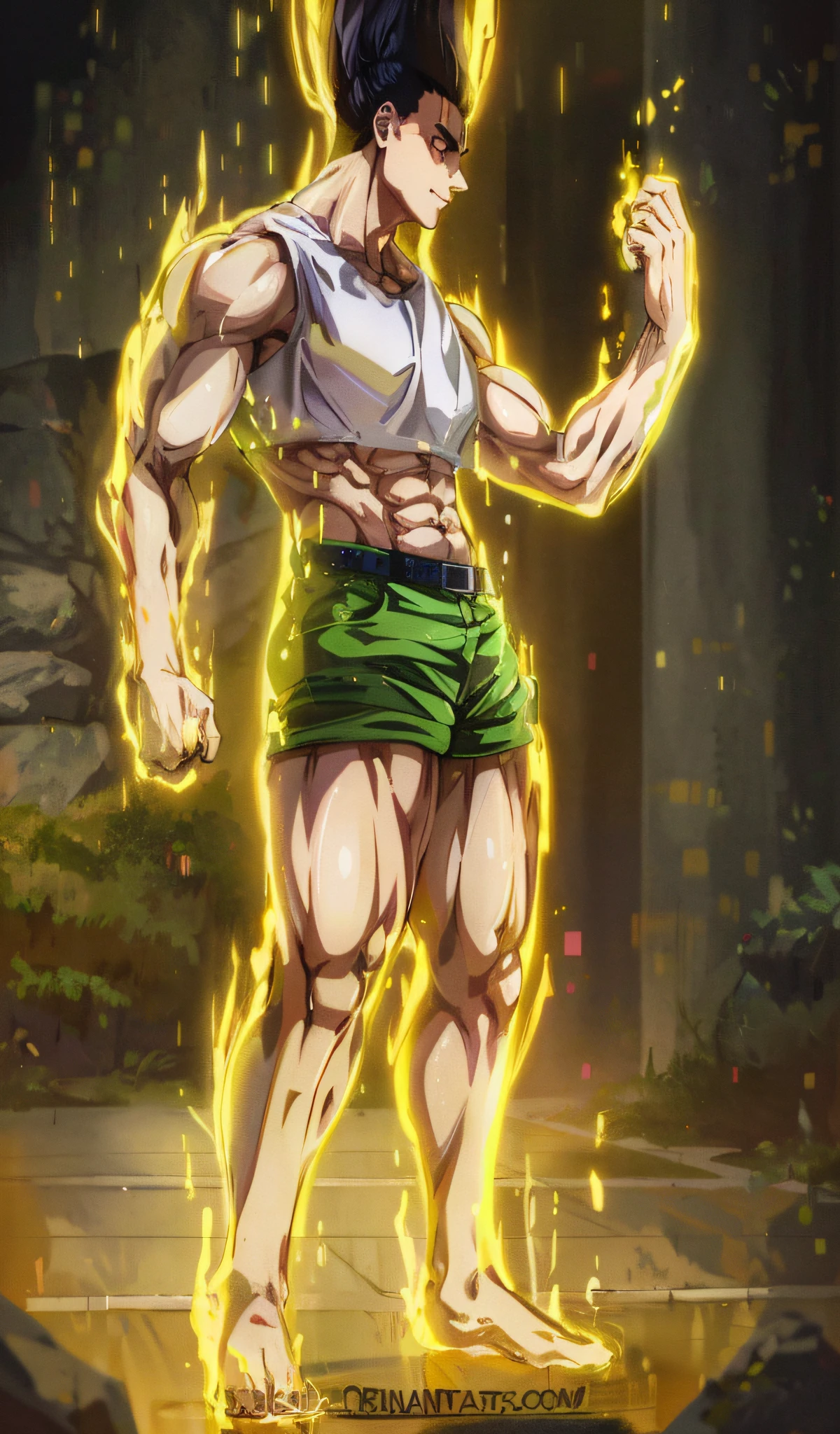 A close-up of a person with a fist in a fire, an epic anime of an energy man, Estilo Baba, muscular!!, Eldritch musculoso colorido, Baba, muscular!! Science-Fiction, muscular!, muscular! verde, Super buff y cool, Cuerpo bacanal de grasa fuerte, Postura poderosa, Primer plano de cuerpo completo, most strongest pose