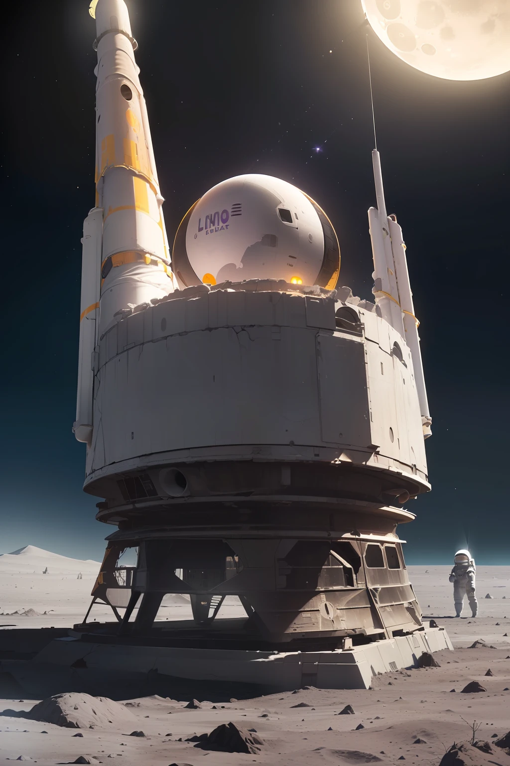 (Una enorme base espacial se construye en la superficie lunar por androides :1.5), Cielo negro con estrellas, con escombros esparcidos alrededor, (Damaged, Oxidado, manchado, Agrietado:1.3), Some small transport vehicles are driving the distance, La tierra se puede ver en el cielo, one large and one small, En el cielo, (Un astronauta de pie a un lado:1.5), Close Search View, extremadamente detallado, 8k, doomsday punk style, cold colors