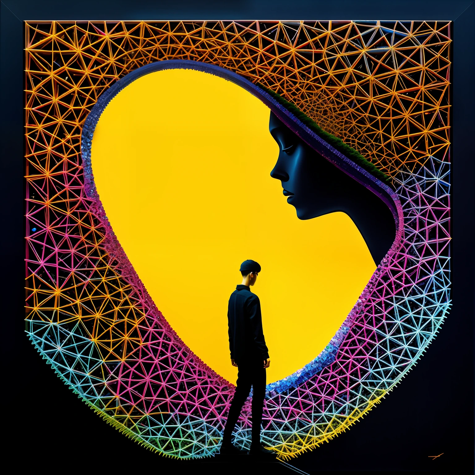 Beautiful symmetrical full body photo painted in oil with thick brushstrokes and wet paint, Fibonacci, golden ratio, melted wax, visible brushstrokes, surrounded by crystal spheres, 3D tessellation wireframe, neural graphic, neurons, tree of life, color, love, passion, oil on canvas, thick brushstrokes, insanely detailed, 8k uhd, masterpiece, artstation, surreal