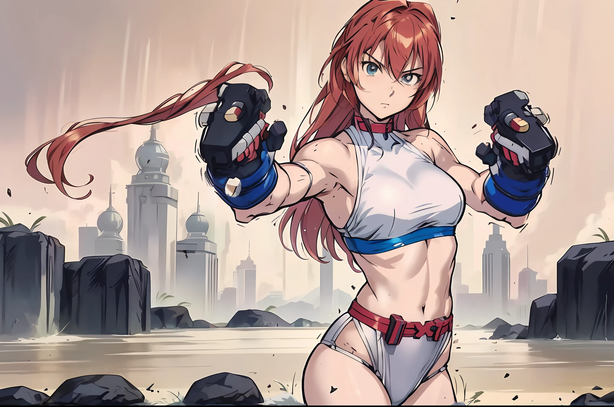 Cartoon close-up of a woman with a gun, she is ready to fight, fighting game character, Female action anime girl, asuka suit under clothes!, Female protagonist 👀 :8, Fighting stance, female anime character, fighter pose, Marin Kitagawa fanart, powerful stance, Female protagonist, seductive anime girls, 4k manga wallpapers, asuka