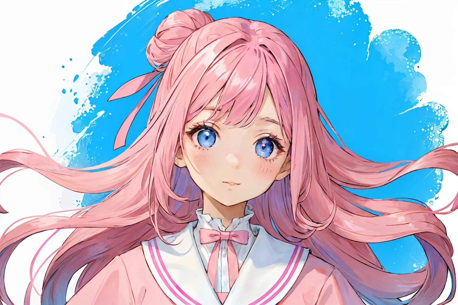 girl with、Pink hair、bob、Half Twin、Light blue ribbon on hair、pink sailor suit、Eye color is also pink