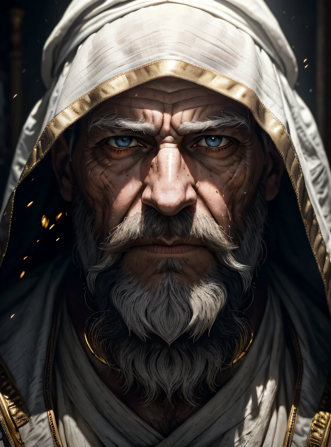 An epic close up portrait of elderly intense sinister eyes, and nose with long white beard, framed with a faded ancient tattered white linen hood, reflecting gold sparks in the irises of the eyes, white eyebrows, at night, dramatic lighting, high contrast, highest definition, hyperrealism, hyperrealistic, photorealistic, high resolution, hdr photography, 8k