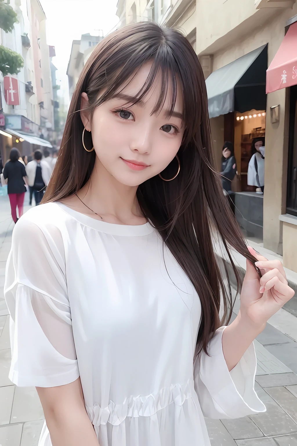 (8K、top-quality、masterpiece:1.2)、(reallistic、Photorealsitic:1.37)、The ultra-detailliert、女の子1人、23years old、Medium chest、Beautie、Beautiful and perfect face、Natural smile、独奏、holiday、Bustling street、shopping、Fashionable clothes、Redness of the nose)、(A smile:1.15)、(With mouth closed) 、beautidful eyes、(long:1.2)、Floating hair 、Middle hair、