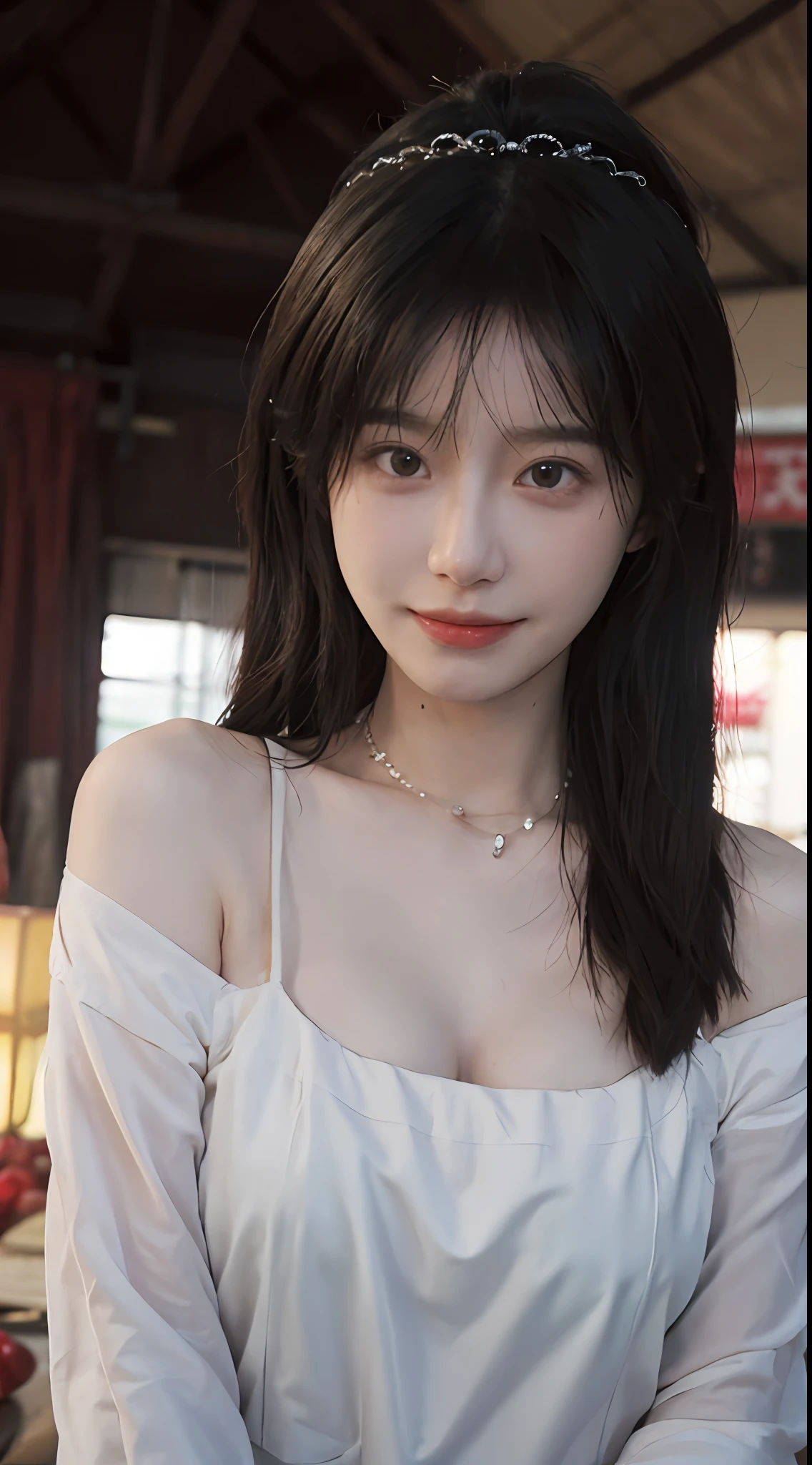 best qualtiy, 超高分辨率, (realisticlying:1.4),cute hairpin,Baoyu Girl,Stand in the wedding hall,(flatchest:1.2) ,A pair of clear and moving peach blossom eyes,Royal Sister,sunshine on face,Big wavy hairstyle,(choker necklace:1.2),(Fair skin:1.4),a sense of atmosphere,a beauty girl, ssmile,head straight-looking at viewer, closeup cleavage ,(Photorealistic:1.4),1girll,Sexy,(Upper body:1.4),(Wet body),(:1.2)